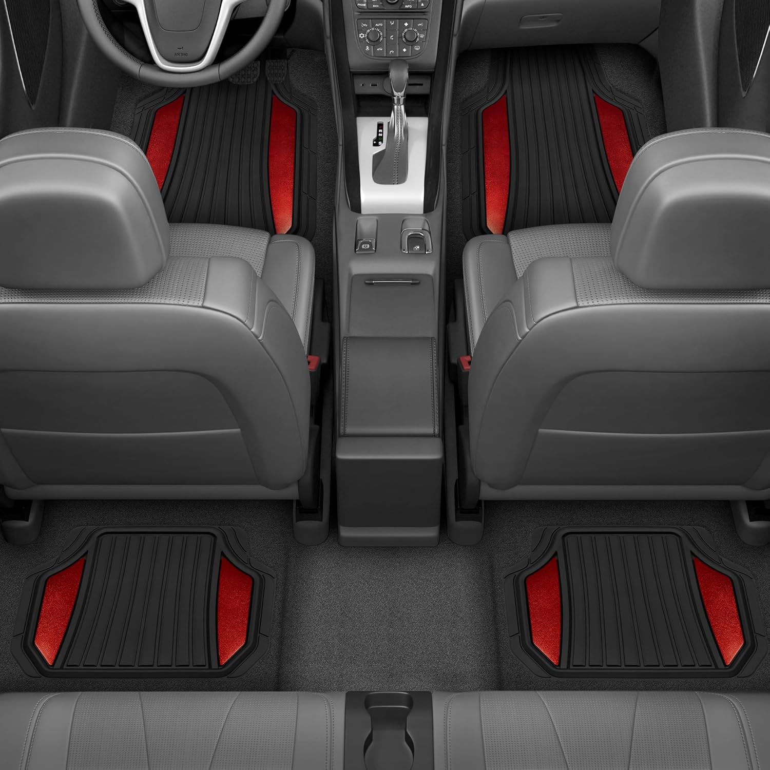 Motor Trend ChromeTech Car Floor Mats Full Set - Durable Rubber Floor Mats for Cars with Two Tone Accent, All Weather Interior Protection for Front and Rear with Non-Slip Backing, Red Chrome - Image 2