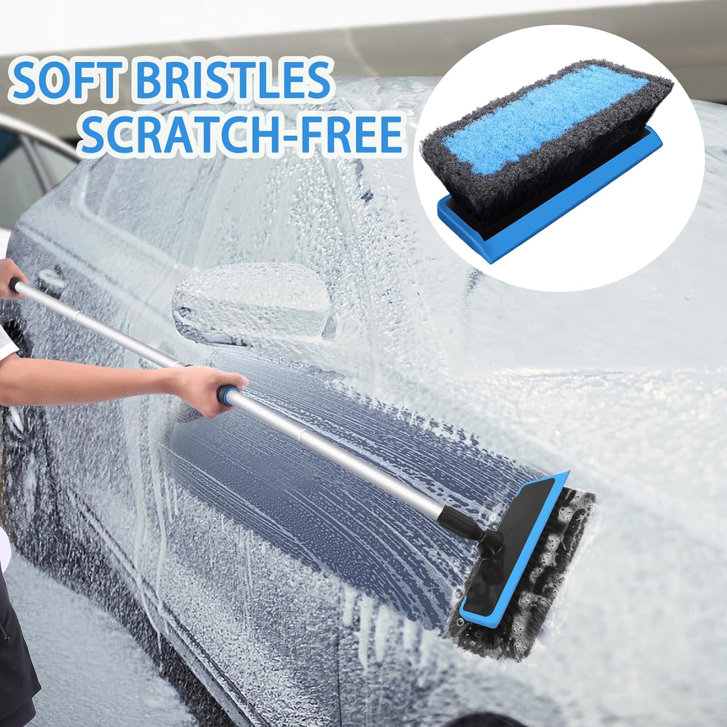 Wontolf 62'' Car Wash Brush with Long Handle, Scratch-Free Soft Bristles Sturdy Car Wash Mop Kit, Complete Car Cleaning Brush Kit Wash Mitt Towel Windshield Squeegee Wheel Tire Brush for Car Truck RV - Image 2