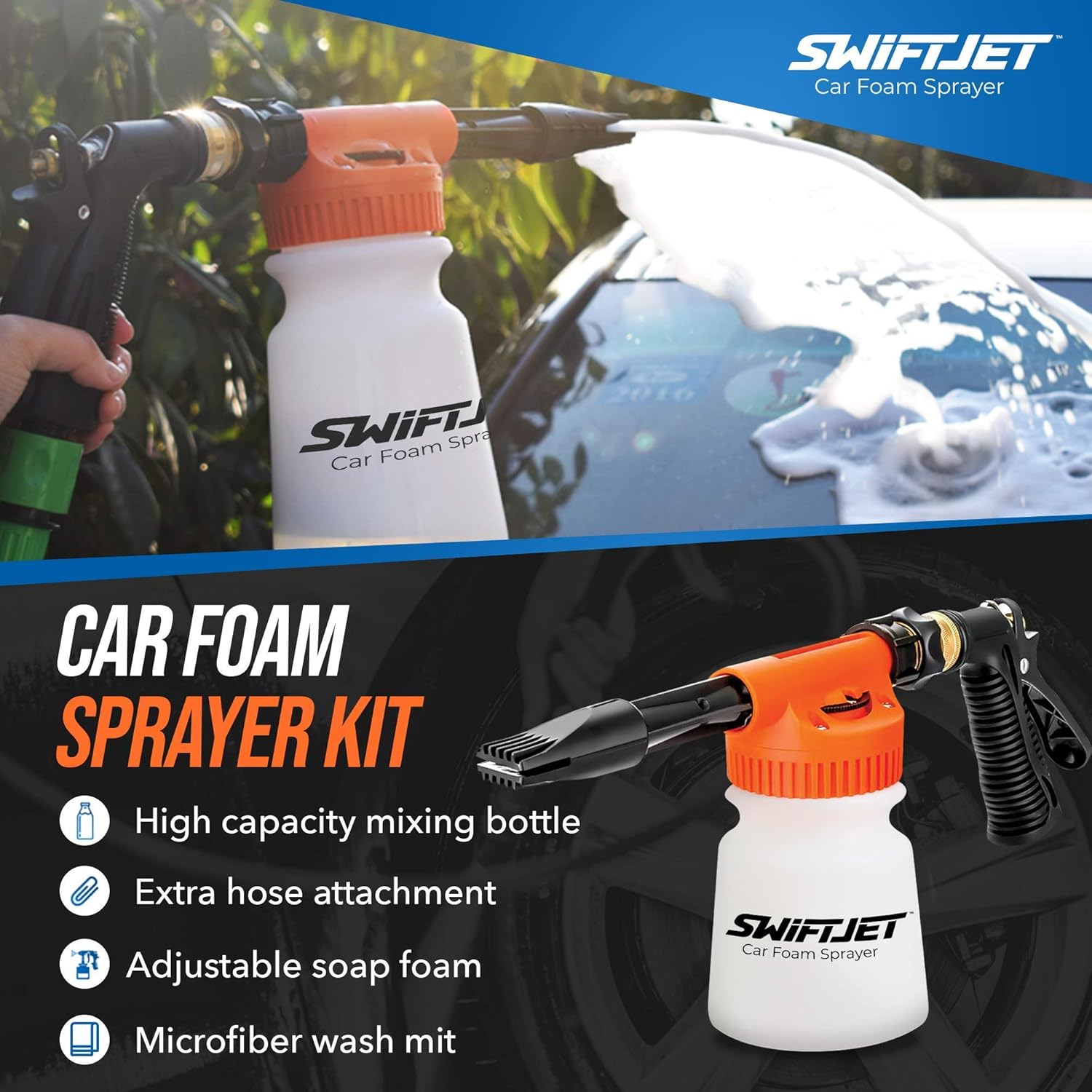 SwiftJet Car Wash Foam Gun + Microfiber Wash Mitt - Foam Cannon Works with Any Soap - Garden Hose Car Foam Sprayer - Car Wash Kit - Car Accessories Foam Blaster (Orange Foam Gun with Mitt) - Image 8