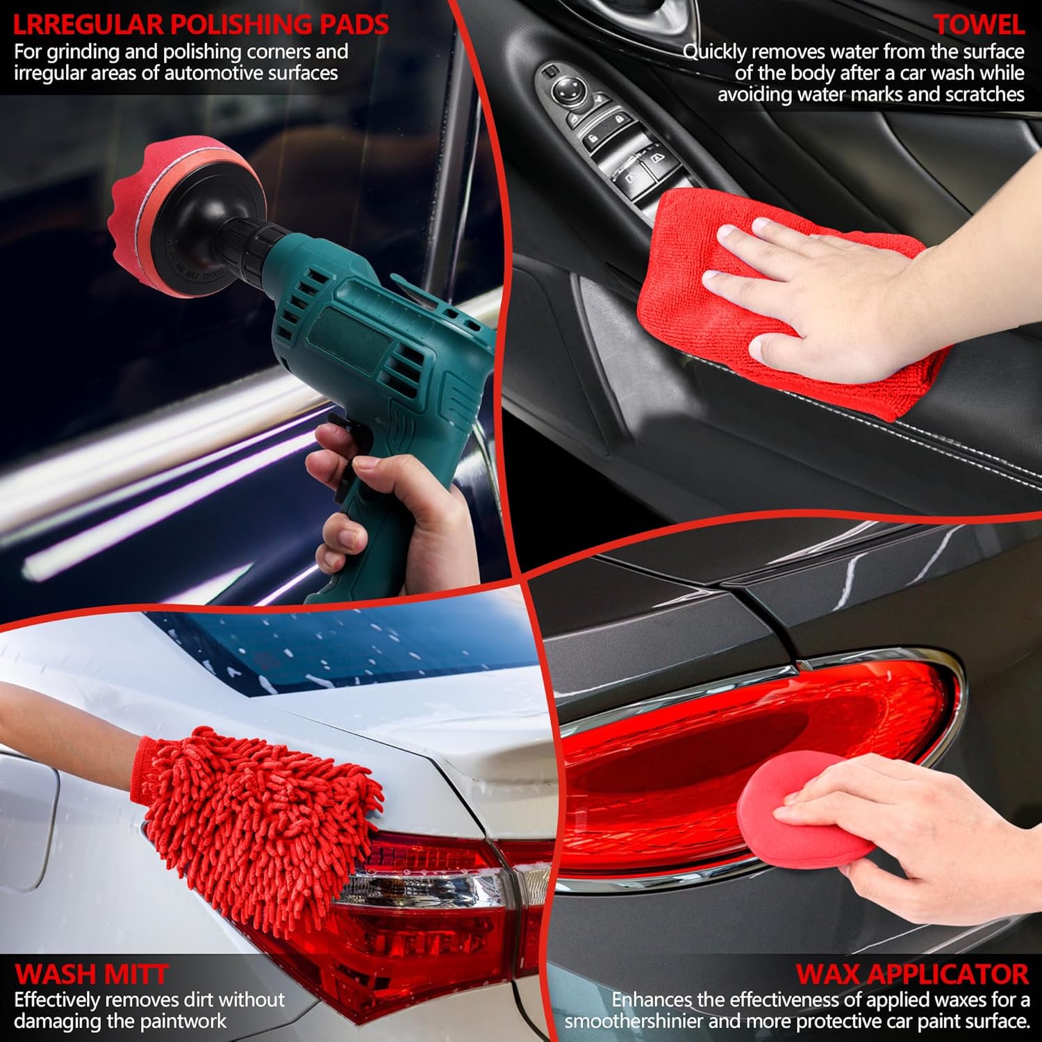 32Pcs Red Car Detailing Kit – Brush Set & Cleaning Kit with Drill Brush, Polishing/Waxing Pads, Interior/Exterior Tools for Wheels & Windshield – Portable Handbag - Image 6