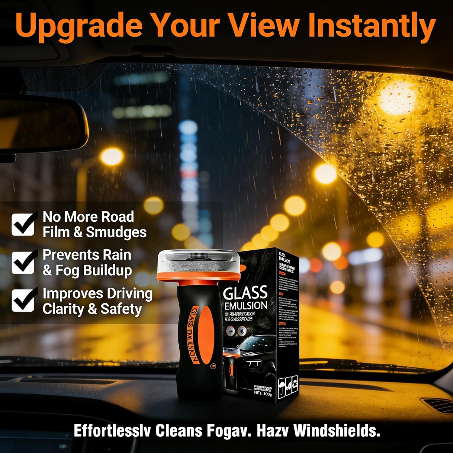 Glass Emulsion Cleaner & Glass Oil Film Remover for Cars – Roll-On Glass Guard with Brush, Removes Oil, Grease & Fog, Anti-Fog Windshield Cleaner for Clear Driving Visibility (Orange) - Image 2