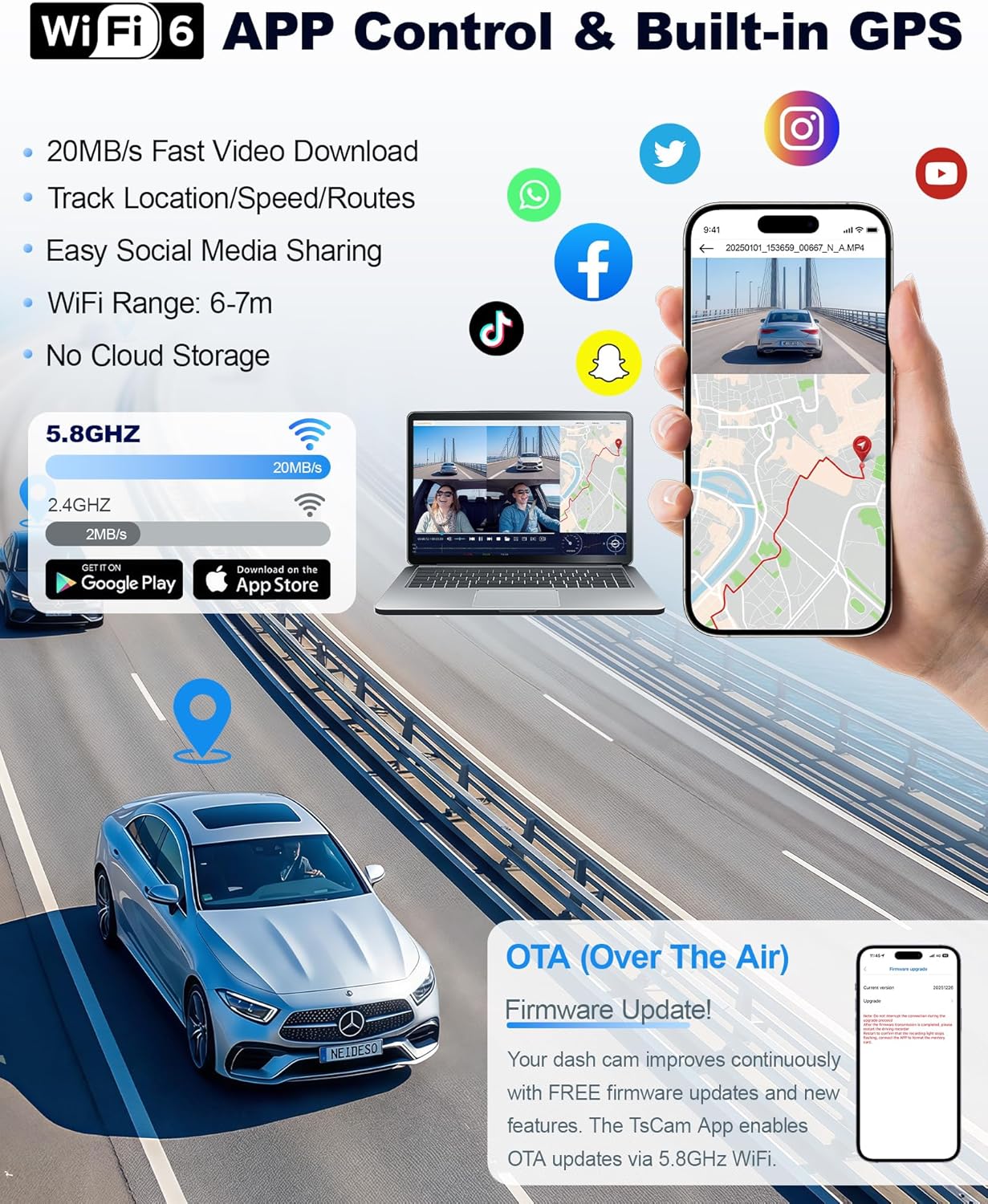 N300Pro 4K 4 Channel Dash Cam Front and Rear, STARVIS 2 Sensor, 3" Touch Screen, 5.8GHz WiFi GPS, 360° Car Dash Camera, AI Driver Monitor System, Free 64GB Card, WDR Night Vision HDR, 24H Parking Mode - Image 8