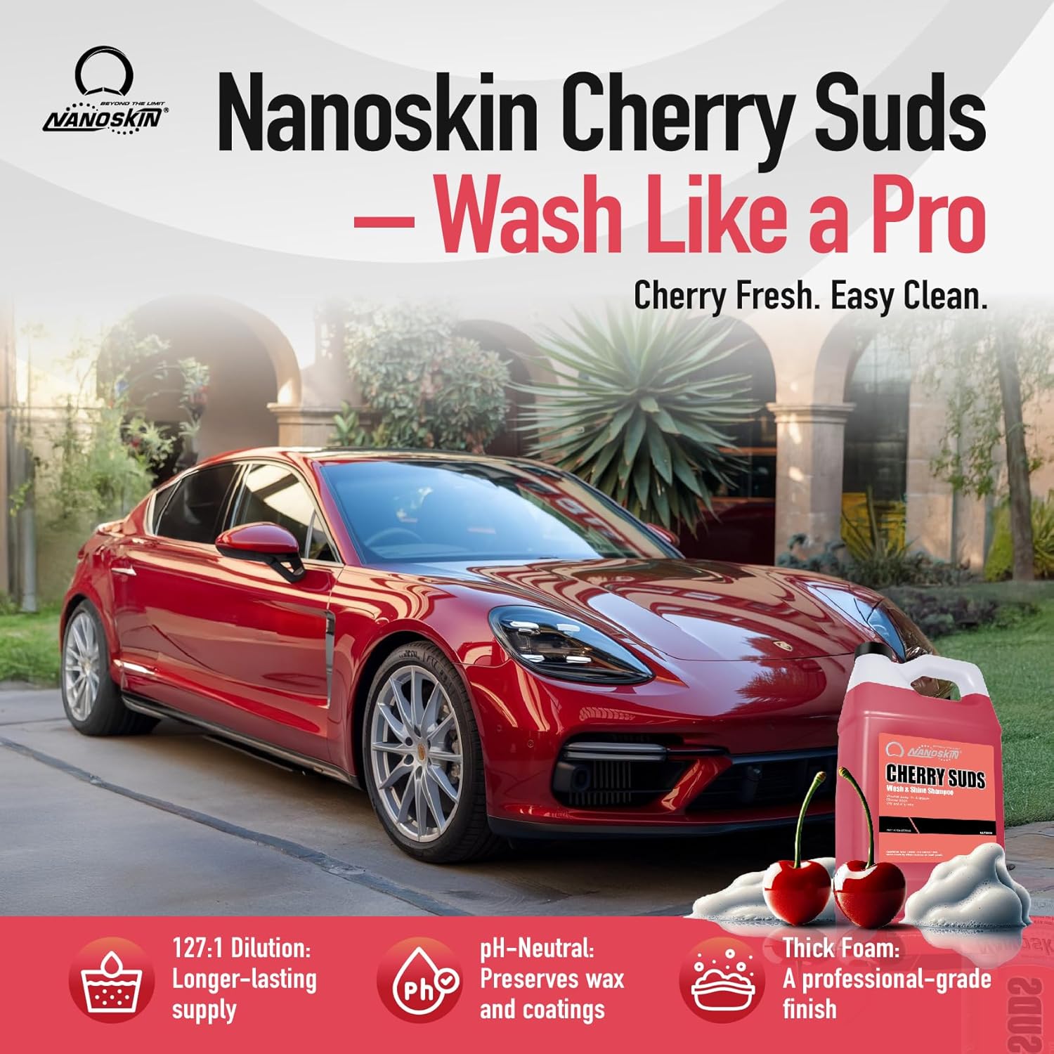 Nanoskin CHERRY SUDS Foaming Car Wash Concentrated Shampoo 5 Gallons for Foam Cannons, Foam Guns, Bucket Washes | Pressure Washer Safe, Cherry-Scented Soap | Ideal for Cars, Trucks, Motorcycles, RVs - Image 2