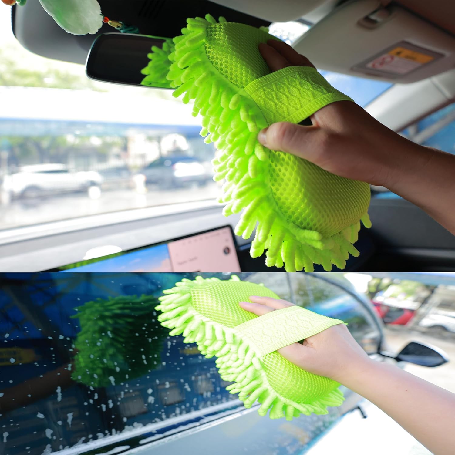 Microfiber Car Wash Sponge-Non-Scratch Wash Mitt-Two Sided Chenille Microfiber Washing Sponge-Mitt for Cars, Trucks, SUVs, Boats(2 Pack Green) - Image 4
