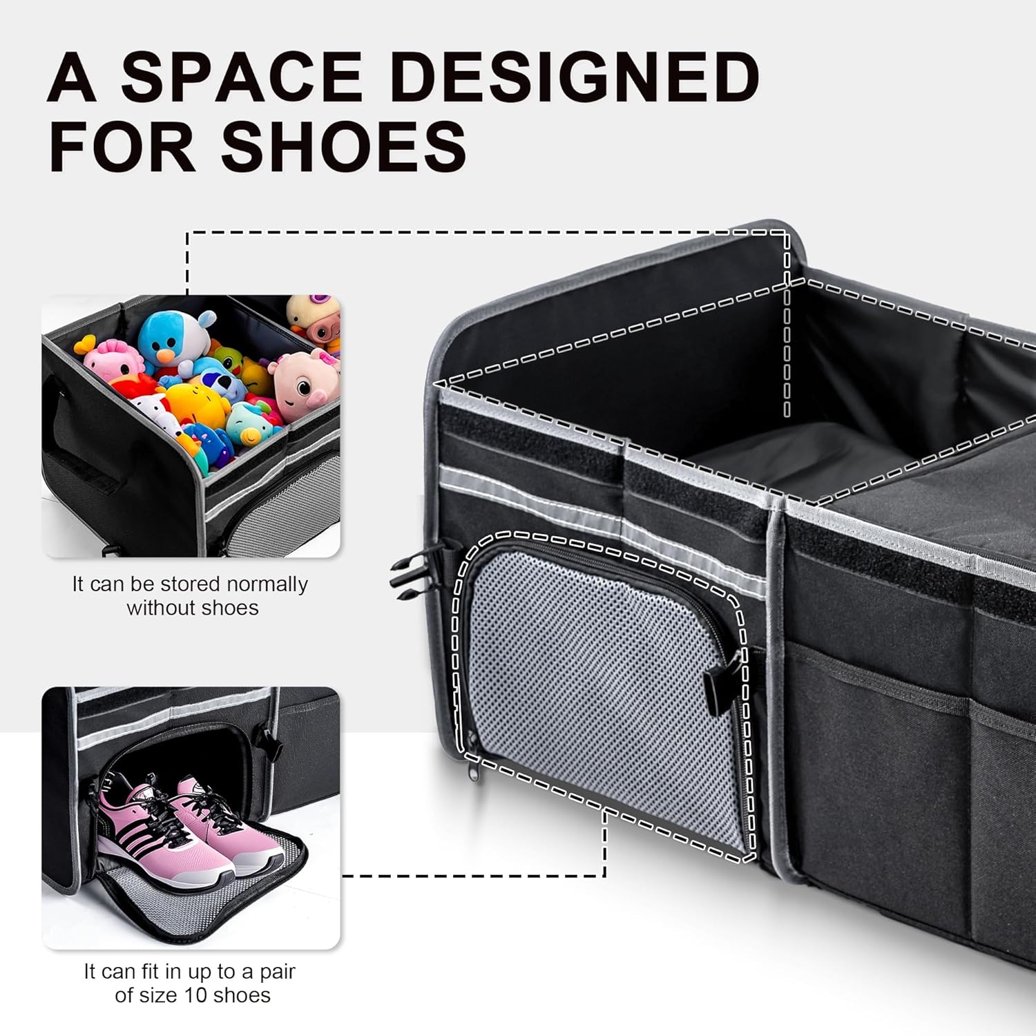 Bold Color Block Trunk Organizer | 95L, 35"x13.8"x11.8" | Dedicated Shoe Storage & 26L Ice Pack | Foldable for SUV/Car/Jeep | Stylish Gift & Essential Car Accessories for Drivers - Black-X212 - Image 3