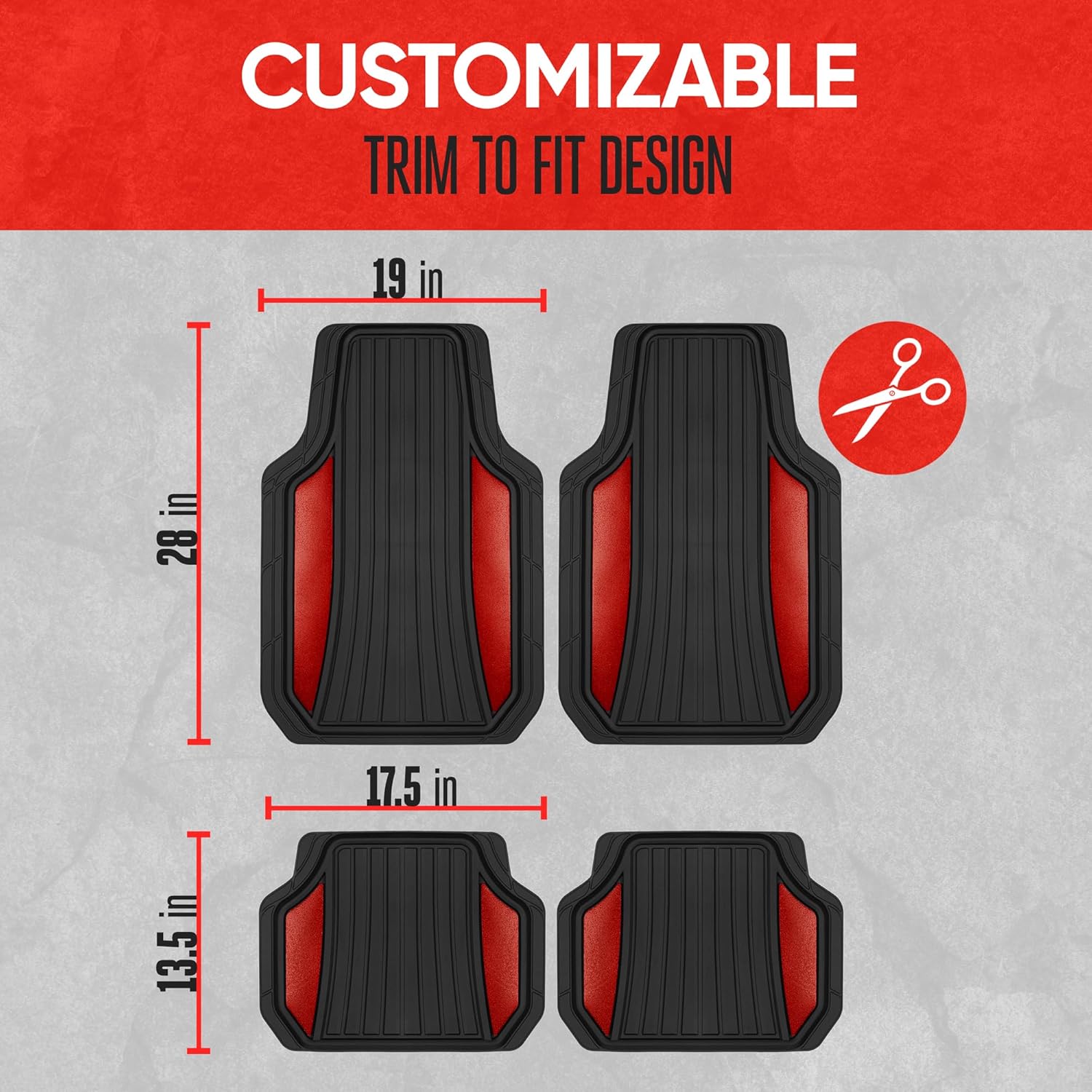 Motor Trend ChromeTech Car Floor Mats Full Set - Durable Rubber Floor Mats for Cars with Two Tone Accent, All Weather Interior Protection for Front and Rear with Non-Slip Backing, Red Chrome - Image 5