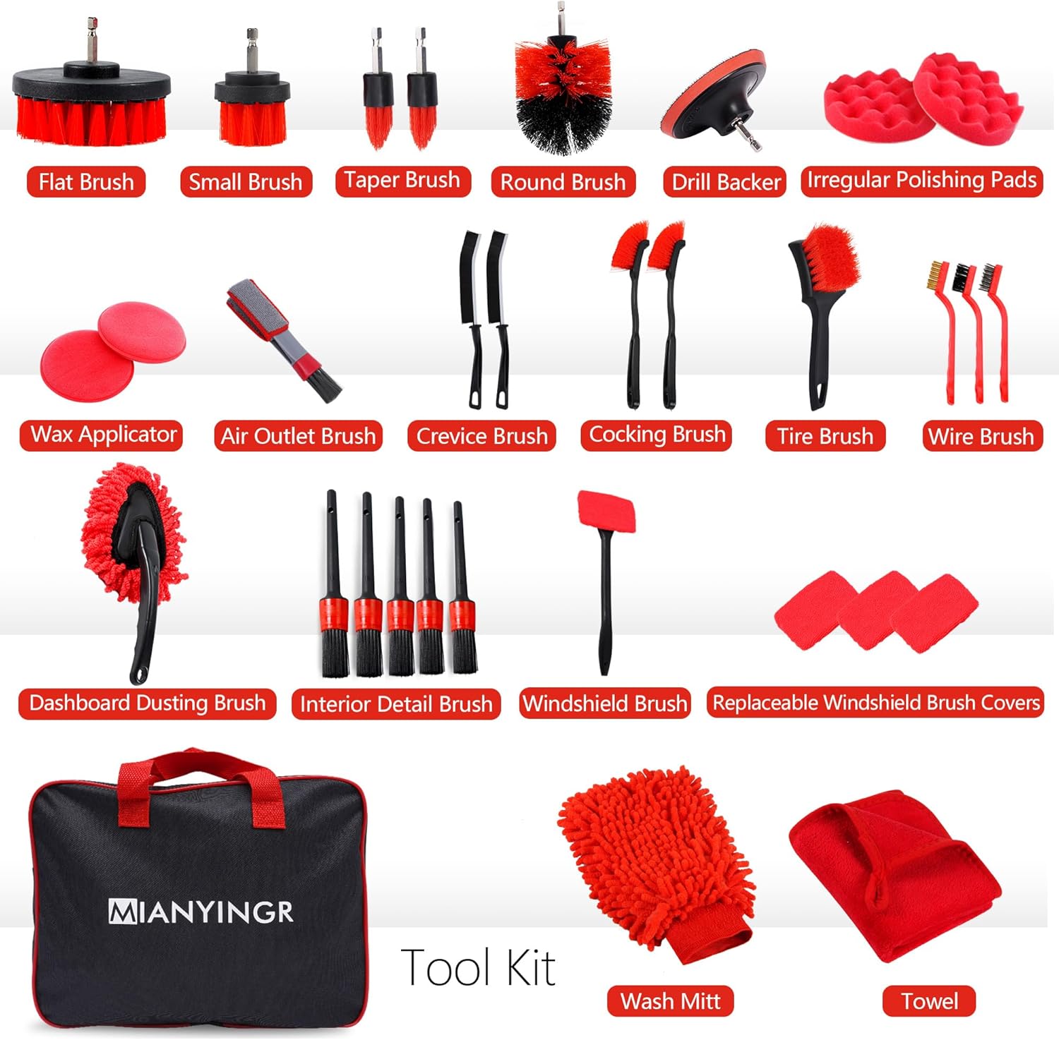 32Pcs Red Car Detailing Kit – Brush Set & Cleaning Kit with Drill Brush, Polishing/Waxing Pads, Interior/Exterior Tools for Wheels & Windshield – Portable Handbag - Image 2