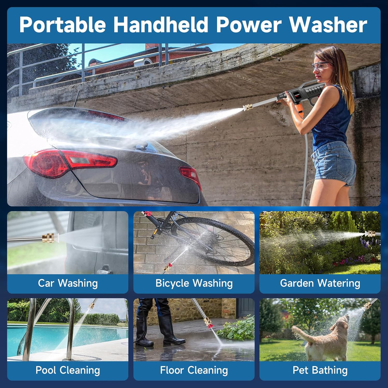 Portable Cordless Pressure Washer, 60Bar/870PSI 21V Rechargeable Battery Powered Pressure Washer, Electric Pressure washers Handheld High Pressure Car Washer Gun with 2 Nozzles, 2 Battery, 5m Hose - Image 8