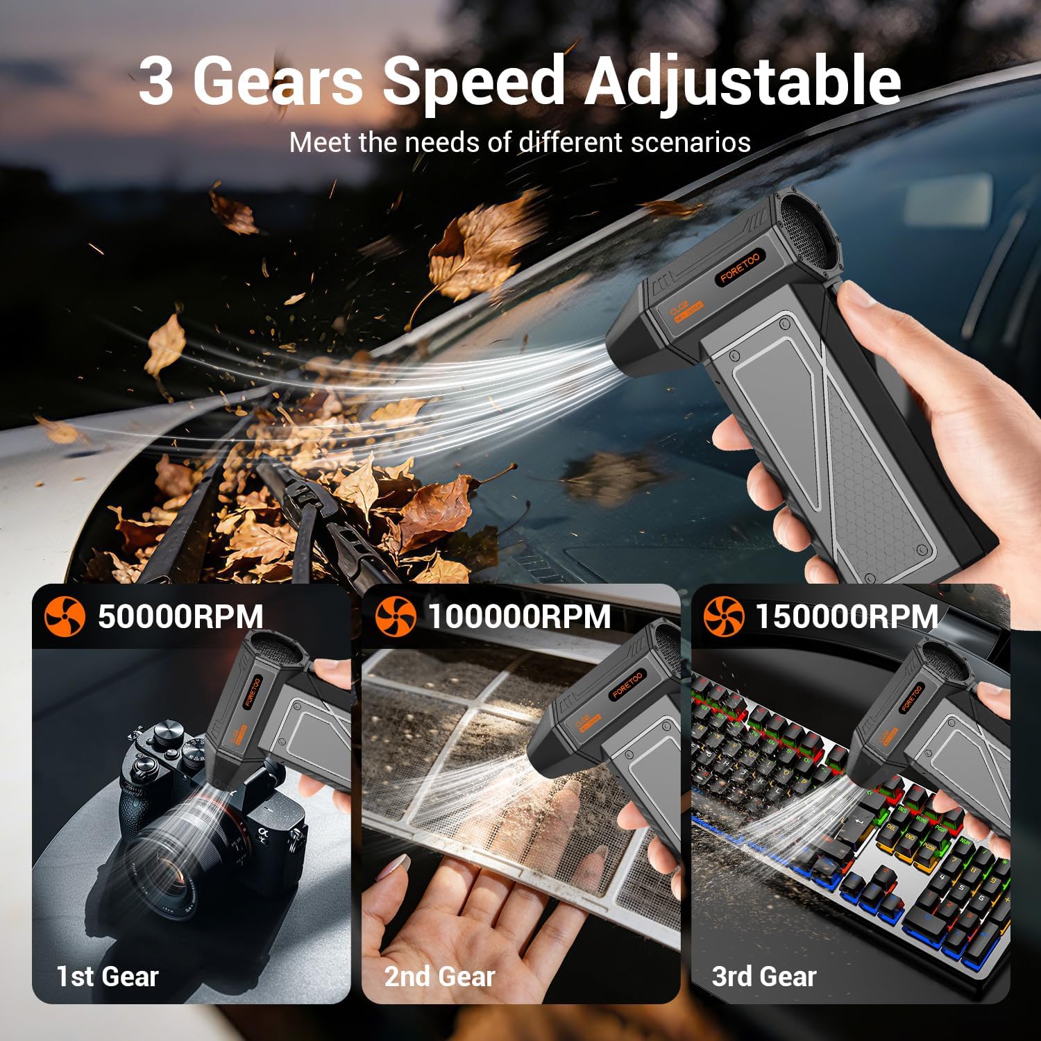 Compressed Air Duster-150000RPM Super Power Cordless Air Duster, Rechargeable Brushless Motor Durable Power Blower with SOS LED Light,Adjustable Dust Blower for Computer, Pet,Outdoor, House and Car - Image 3