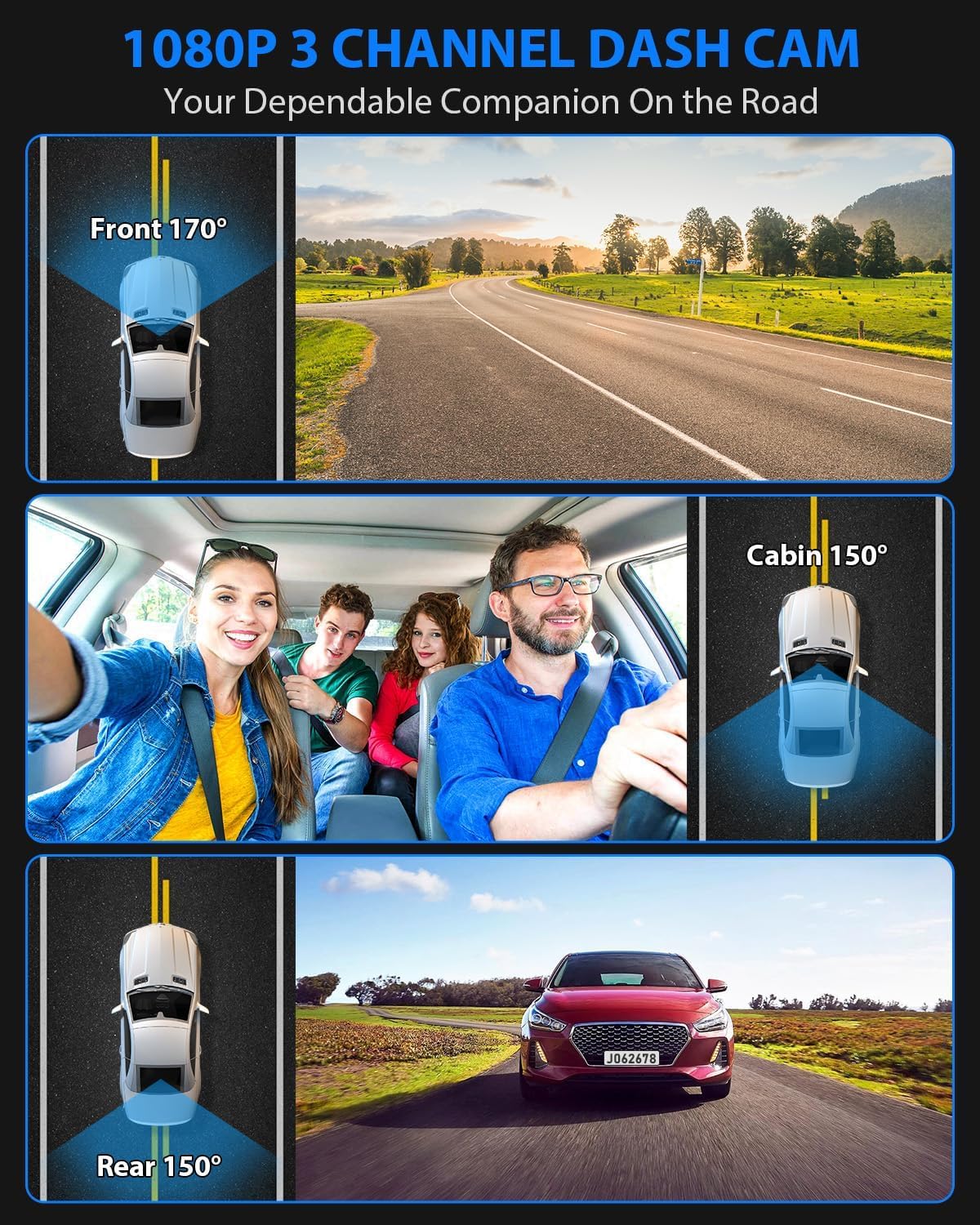 Dash Cam Front and Rear, 1080P Dash Camera for Cars, 3 Channel Car Camera Front Rear and Inside with 32GB Card, Loop Recording, Night Vision, HDR, 24Hr Parking, G-Sensor - Image 2