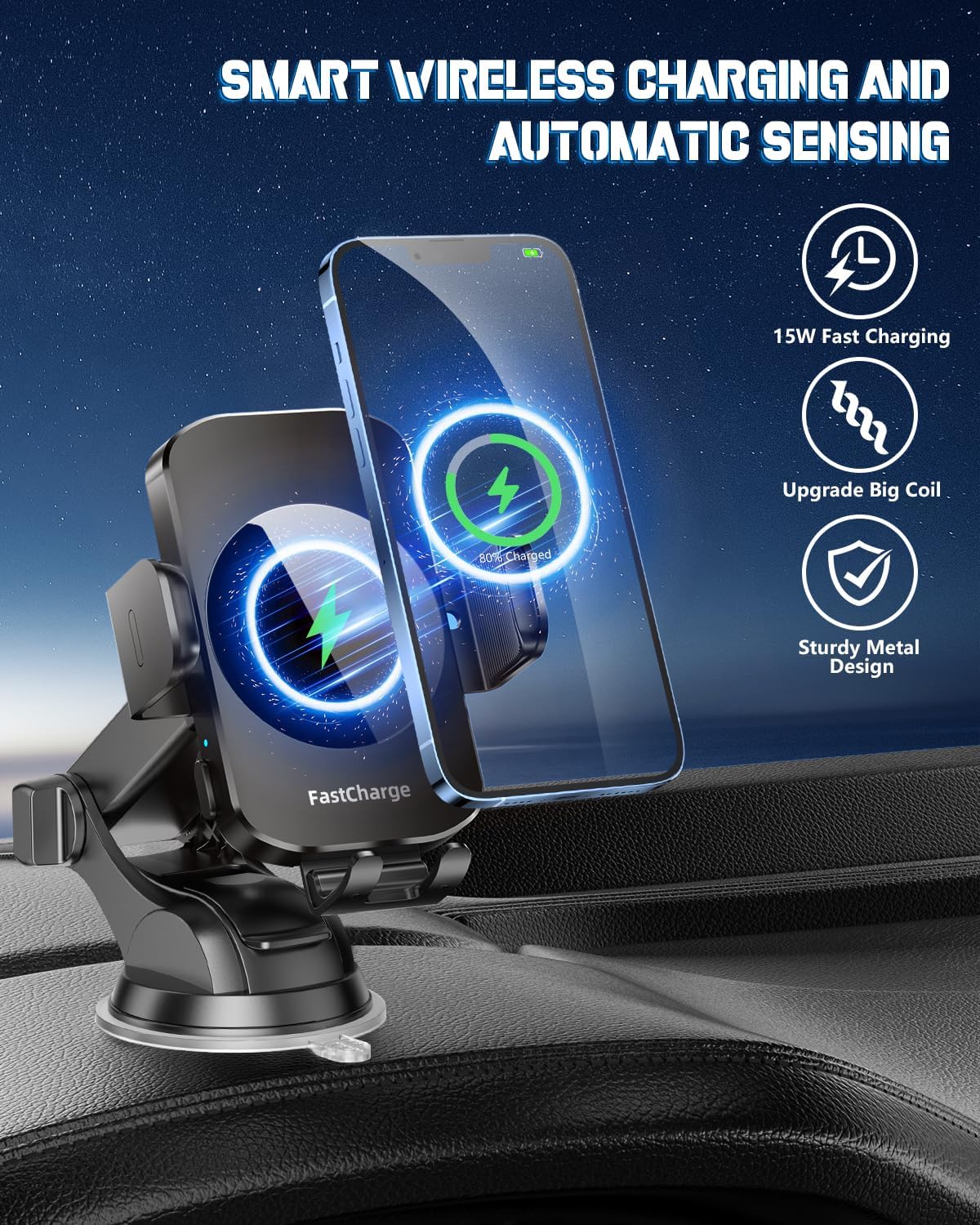 Wireless Car Charger, Fast Charging Phone Holder 3 in 1 Phone Mount Auto Clamping Car Accessories Compatible with iPhone 17 16 15 14 13 12 11 Xs XR, Samsung S23 Ultra S22 S21 S20/S10+ S9+ Note 9 - Image 2