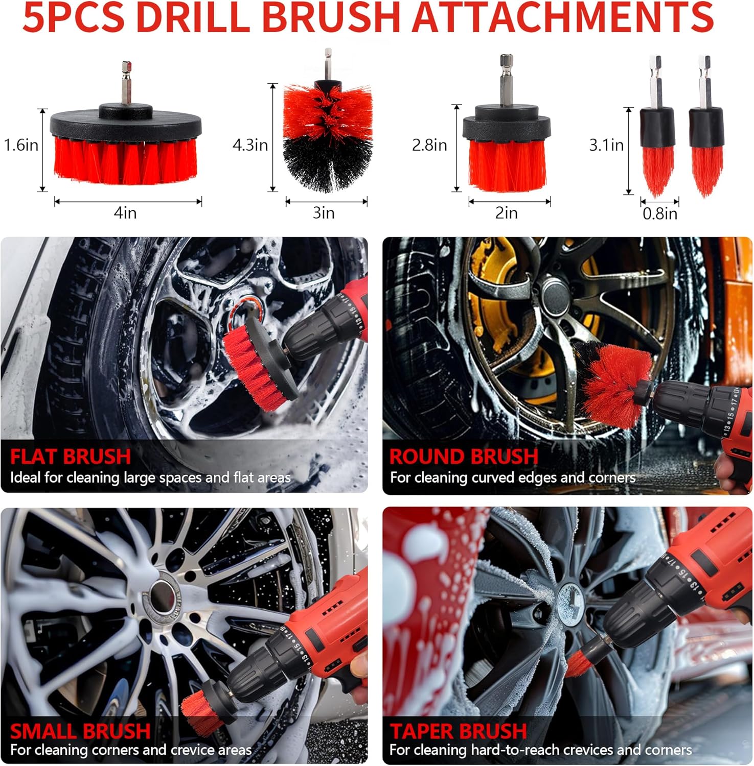 32Pcs Red Car Detailing Kit – Brush Set & Cleaning Kit with Drill Brush, Polishing/Waxing Pads, Interior/Exterior Tools for Wheels & Windshield – Portable Handbag - Image 3