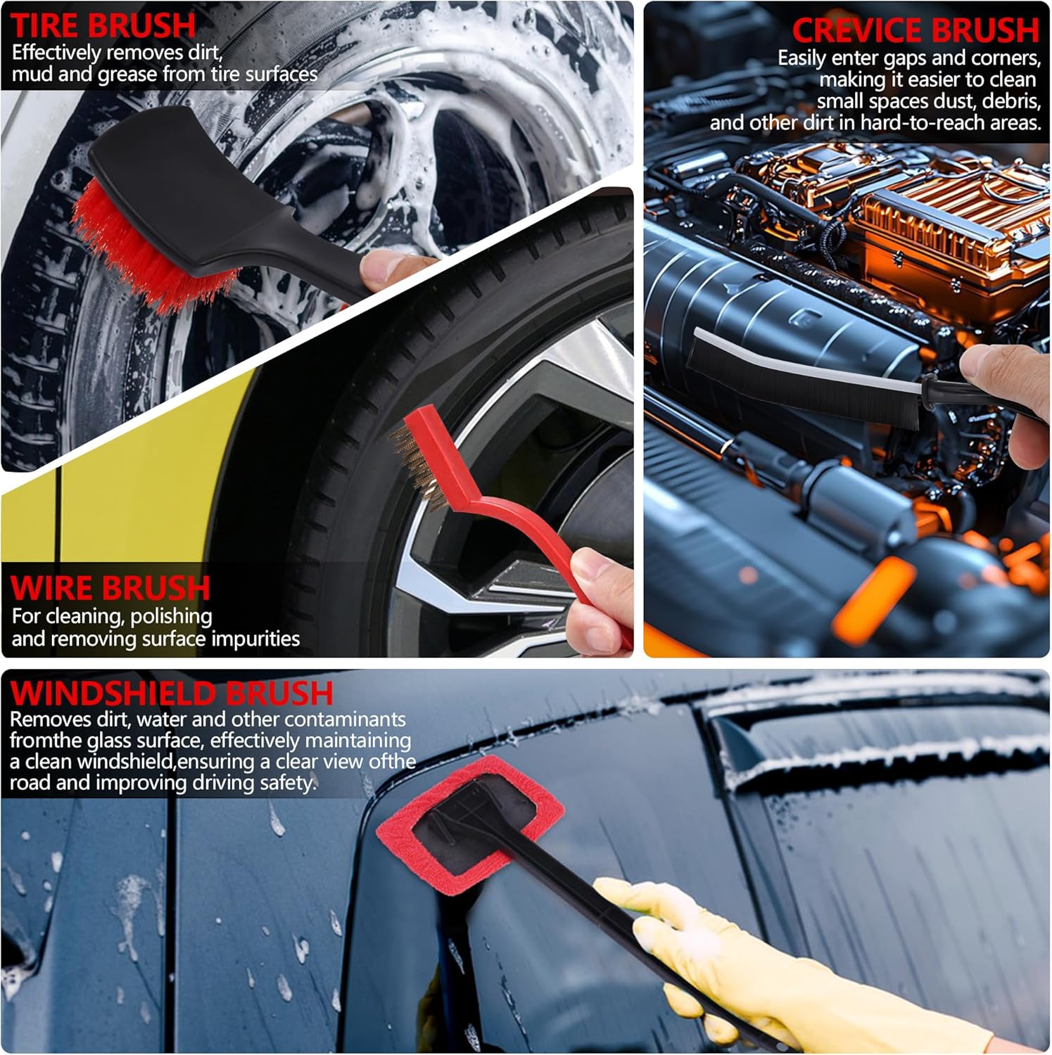 32Pcs Red Car Detailing Kit – Brush Set & Cleaning Kit with Drill Brush, Polishing/Waxing Pads, Interior/Exterior Tools for Wheels & Windshield – Portable Handbag - Image 5