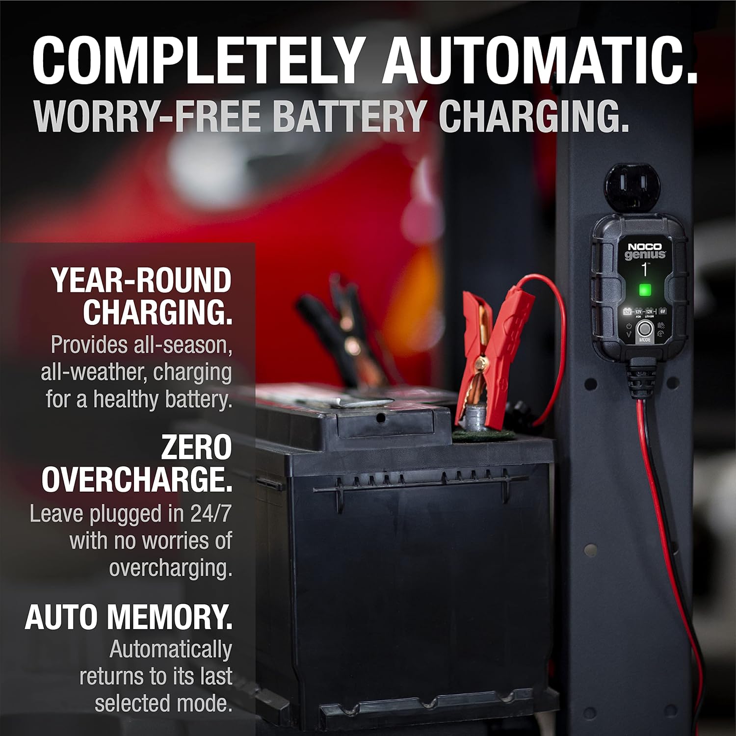NOCO GENIUS1: 1A 6V/12V Smart Battery Charger – Automatic Maintainer, Trickle Charger & Desulfator with Overcharge Protection & Temperature Compensation – for Lead-Acid & Lithium Batteries - Image 7