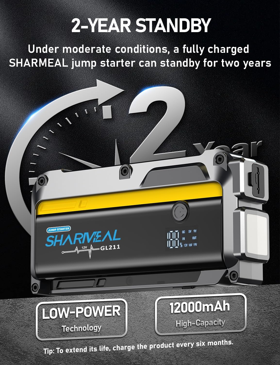 Sharmeal 7000A Car Battery Jump Starter, 12000mAh Car Jumper Starter Battery Pack for Up to All Gas & 12.0L Diesel Engines, 12V Portable Jump Box with 3 Modes Flashlight and Jumper Cable - Image 7