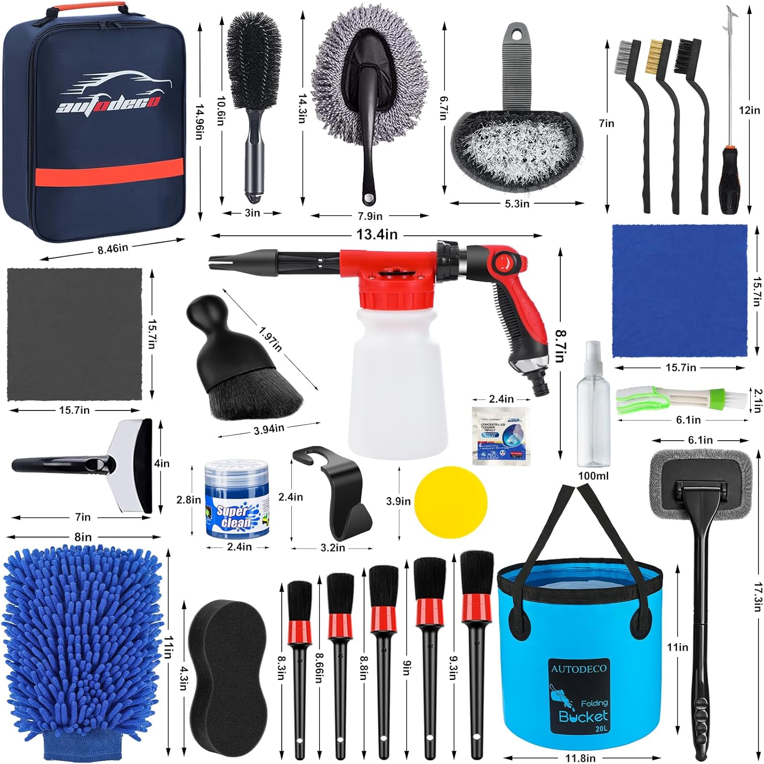 AUTODECO 42Pcs Car Wash Detailing Kit Cleaning Set with Foam Gun Sprayer, Long-Handle Brush, Collapsible Bucket, Large Wash Mitt, Towels, Complete Interior & Exterior Car Washing Supply Set (Blue) - Image 8