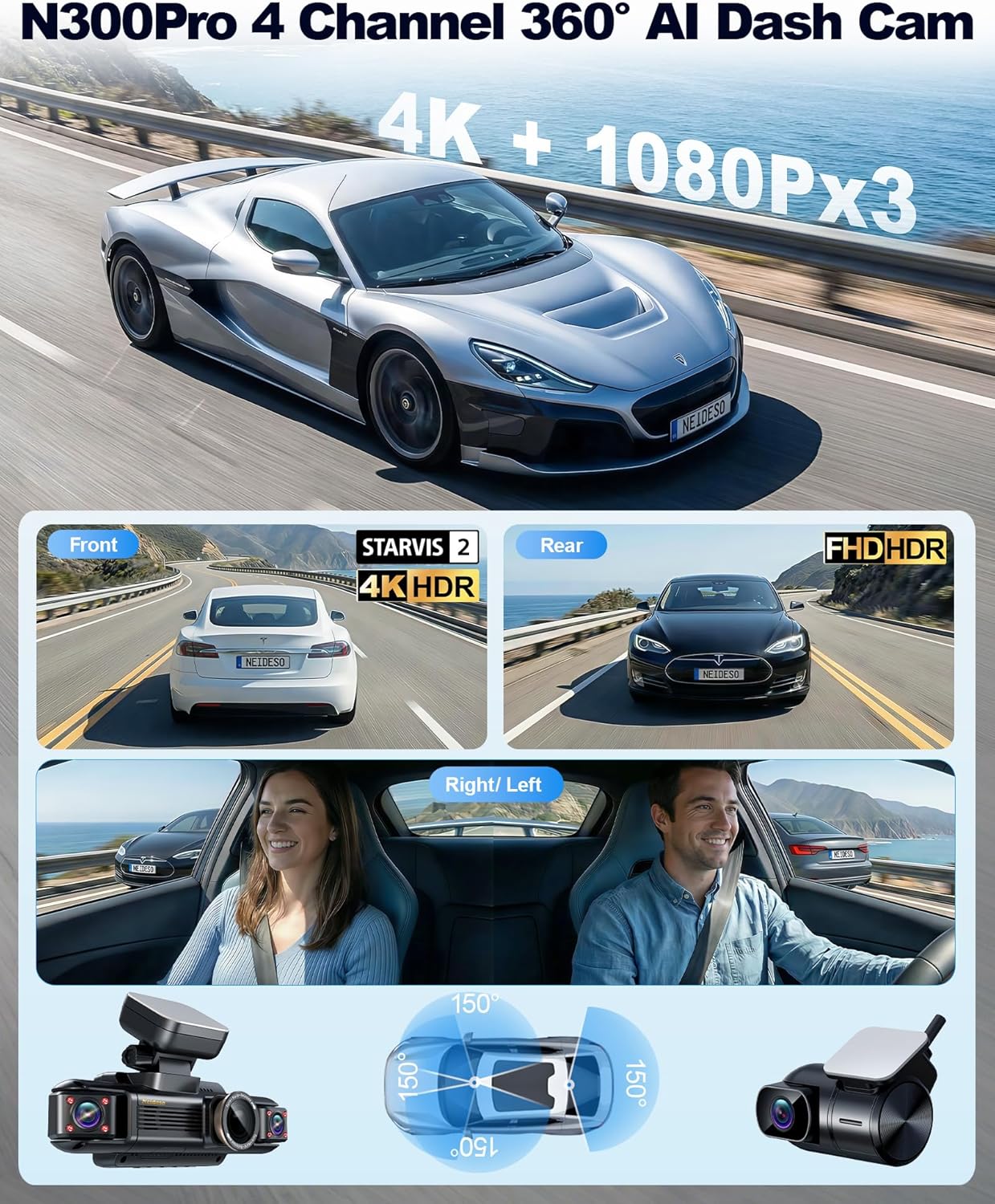 N300Pro 4K 4 Channel Dash Cam Front and Rear, STARVIS 2 Sensor, 3" Touch Screen, 5.8GHz WiFi GPS, 360° Car Dash Camera, AI Driver Monitor System, Free 64GB Card, WDR Night Vision HDR, 24H Parking Mode - Image 2