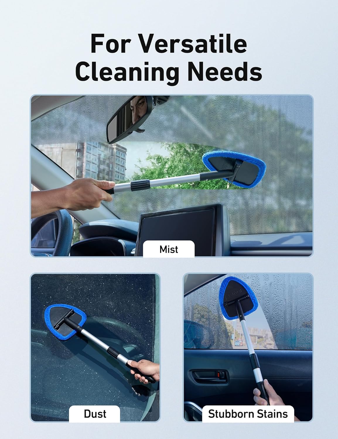 AstroAI Windshield Cleaner Tool, Car Interior Detailing Cleaning Kit with Extendable Handle and 4 Upgraded High-Density Reusable Microfiber Pads, Auto Glass Wiper Brush Kit for Cars, Blue, 15.9in-21in - Image 8