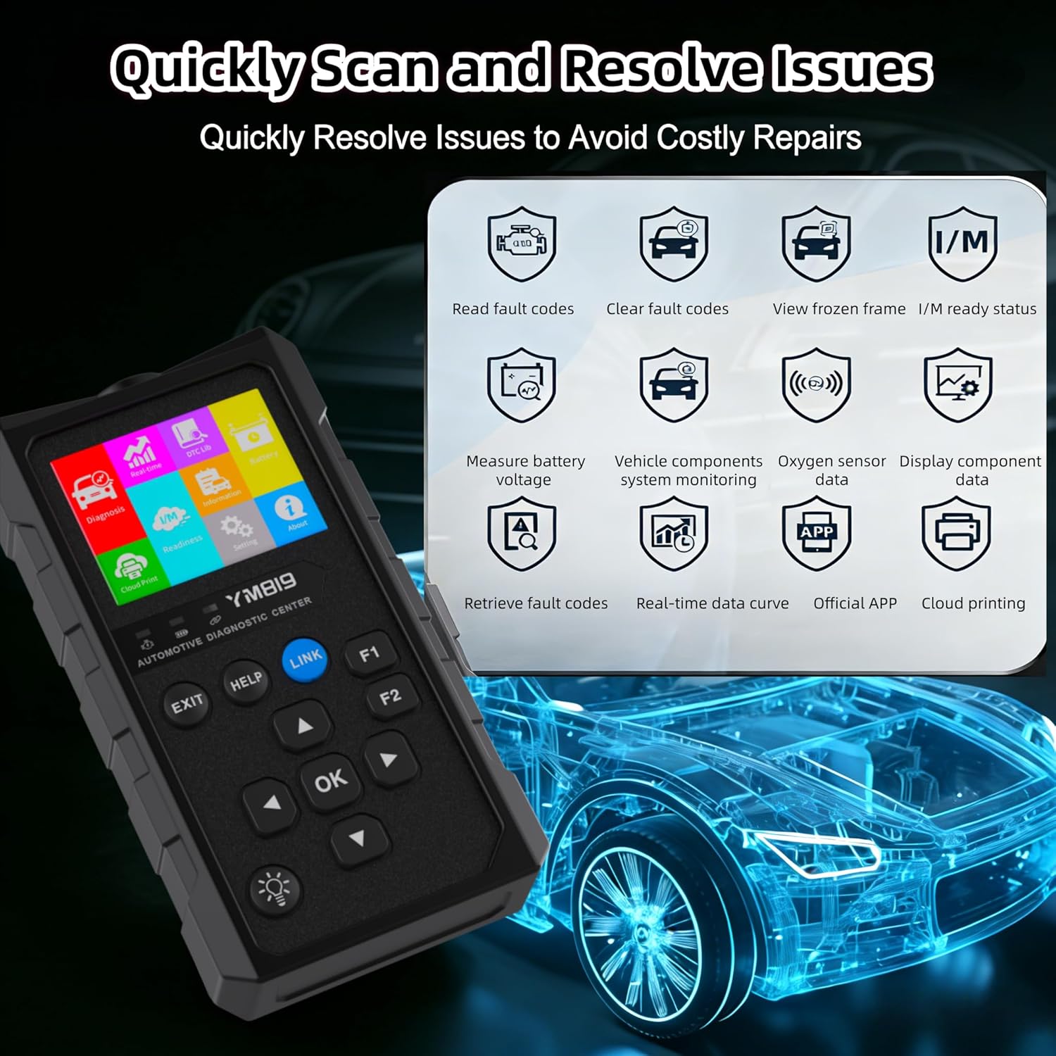 2-in-1 Handheld OBD2 Scanner, Bluetooth Car Diagnostic Tool with Built-in Screen, Auto Code Reader with Free App, Check Engine Light Reset, Live Data & I/M Readiness for 1996+ 12V Gasoline Vehicles - Image 2