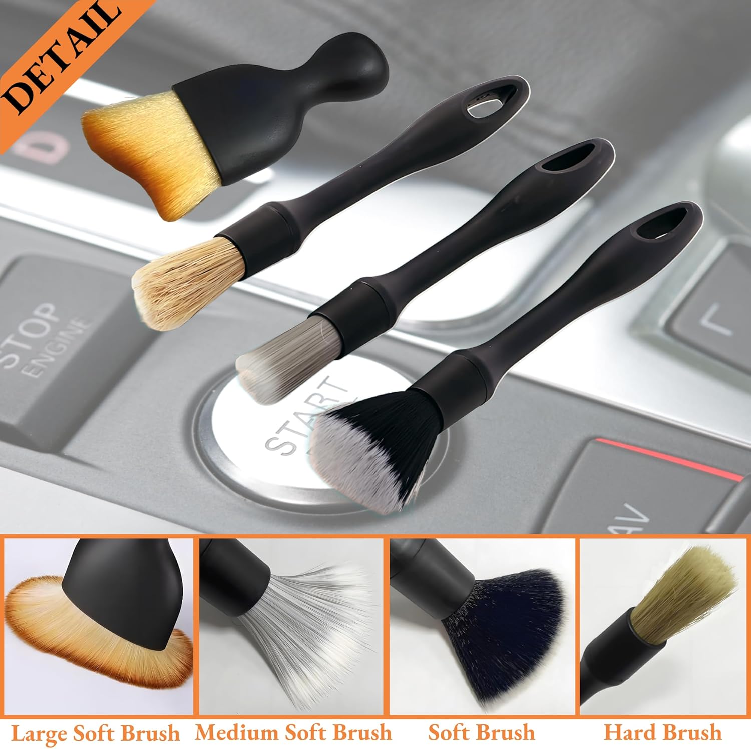 8 PCS Car Detailing Brush Set, Car Interior and Exterior Soft Bristle Cleaning Brushes, 4 Different Detailing Brushes for Auto Detailing, Dashboard, Vents, Wheels and Tires - Image 3