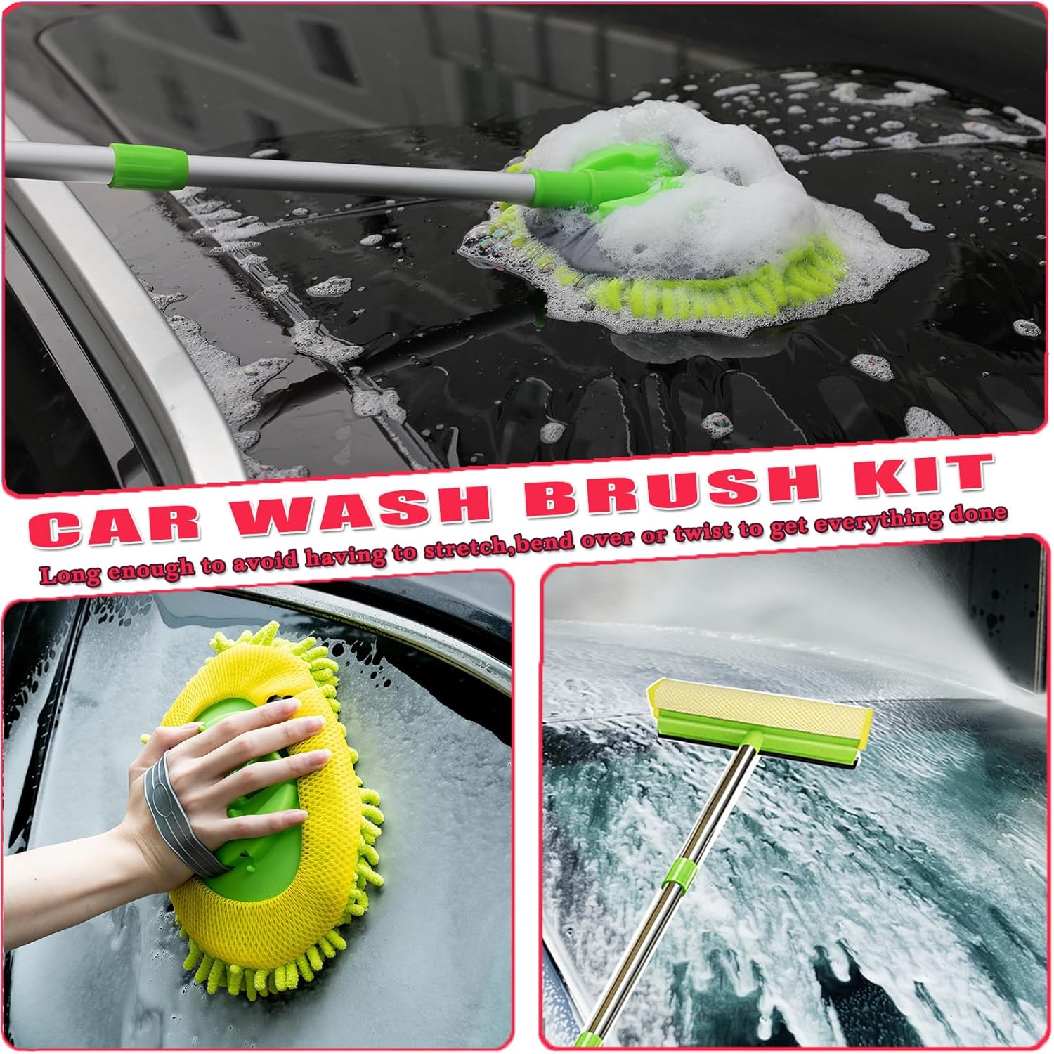 62'' Car Wash Brush with Long Handle, Car Wash Kit with Tire Brush, Tower, Window Squeegee, Chenille Microfiber,Car Detailing Brushes, Car Cleaning Brush Kit Supplies for Car, Truck, SUV, RV - Image 5