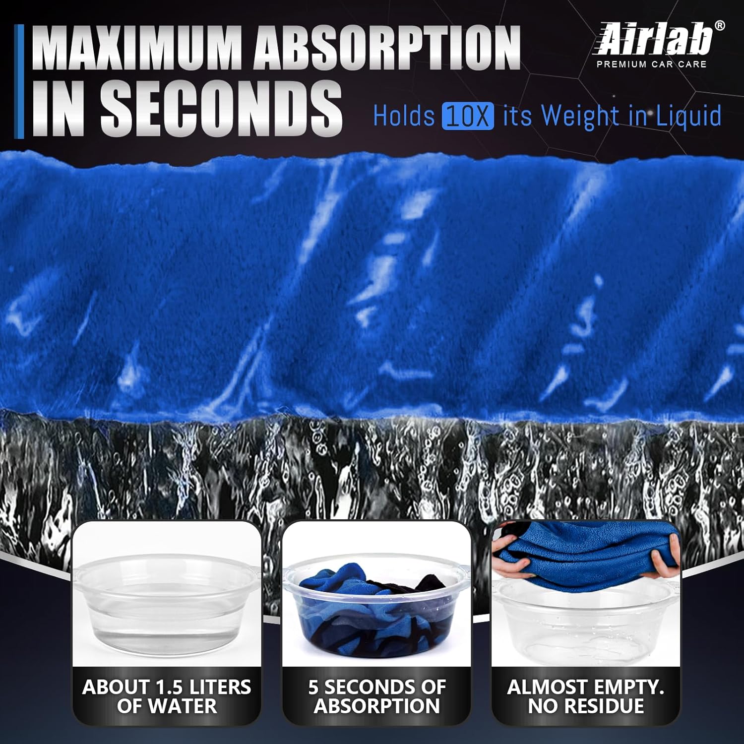 Airlab Microfiber Towels for Cars Wash Drying Thick Plush Cleaning Cloth Auto Detailing Super Absorbent for Interior & Exterior Lint Free, Streak Free, 16" X 16", 800 GSM, Pack of 4 - Image 3