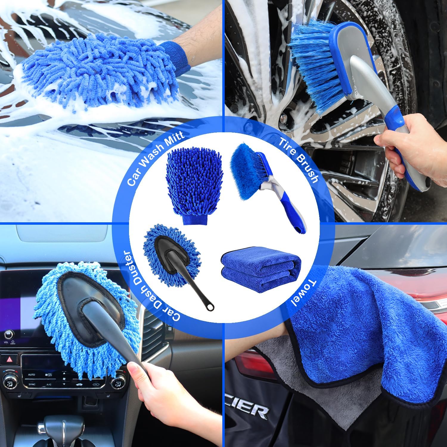 62'' Car Wash Brush Kit Mitt Mop Sponge with Long Handle, 1 Chenille Scratch-Free Replacement Head, Windshield Window Squeegee,Car Duster,Car Detailing Brushes,Tower,Car Cleaning Kit for Cars RV Truck - Image 6
