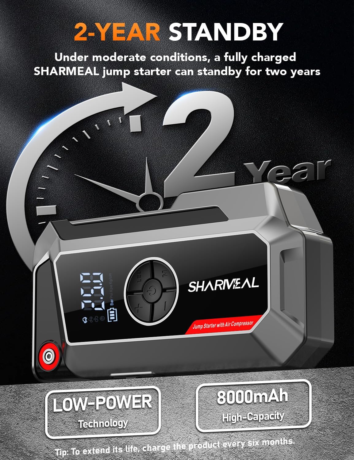Sharmeal Jump Starter with Air Compressor, 6000A Car Battery Jump Starter (All Gas/10.0L Diesel), 200PSI Jump Starter Power Pack Portable 12V Jump Box with Jumper Cables, LED Light - Image 8