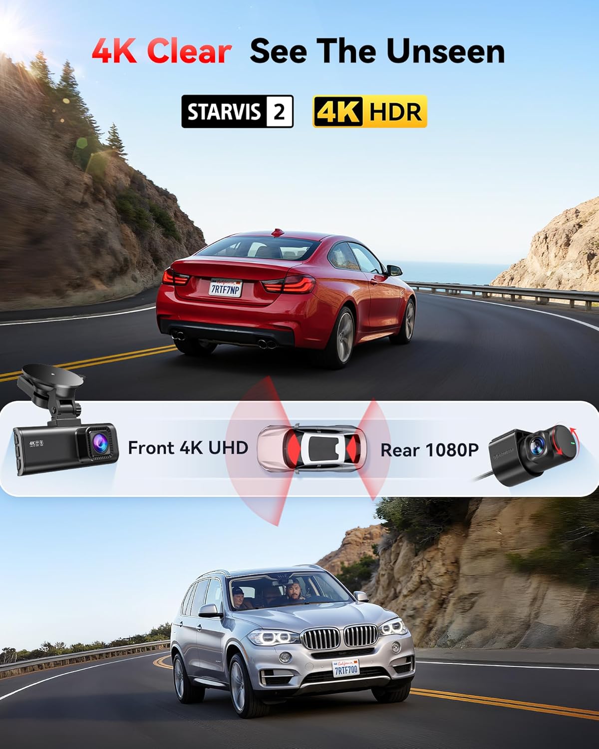 REDTIGER 4K Dash Cam Front Rear, STARVIS 2 Sensor, Free Card Included, 5.8GHz WiFi-20MB/s Fast Download, Dash Camera for Cars with GPS, WDR Night Vision, 170°Wide Angle, 24H Parking Mode(F7NP) - Image 2