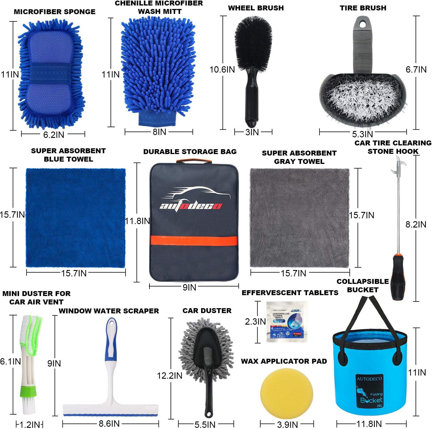 AUTODECO 22Pcs Car Wash Cleaning Tools Kit Car Detailing Set with Blue Canvas Bag Collapsible Bucket Wash Mitt Sponge Towels Tire Brush Window Scraper Duster Complete Interior Car Care Kit - Image 7