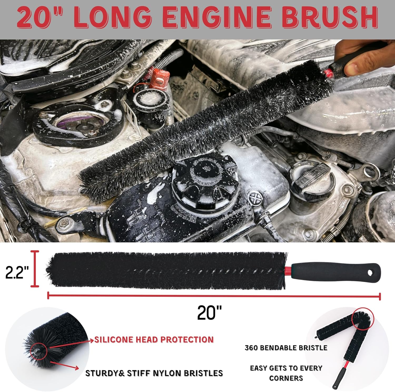 7PACK Car Engine Bay Details Cleaning Kit, Soft-bristled Engine Surface Brush,Long&Slim Bendable Brush, Edgeless Drying Towel,Finger Microfiber Applicator, Deep Cleans Engine Bay Hard to Reach Place - Image 4