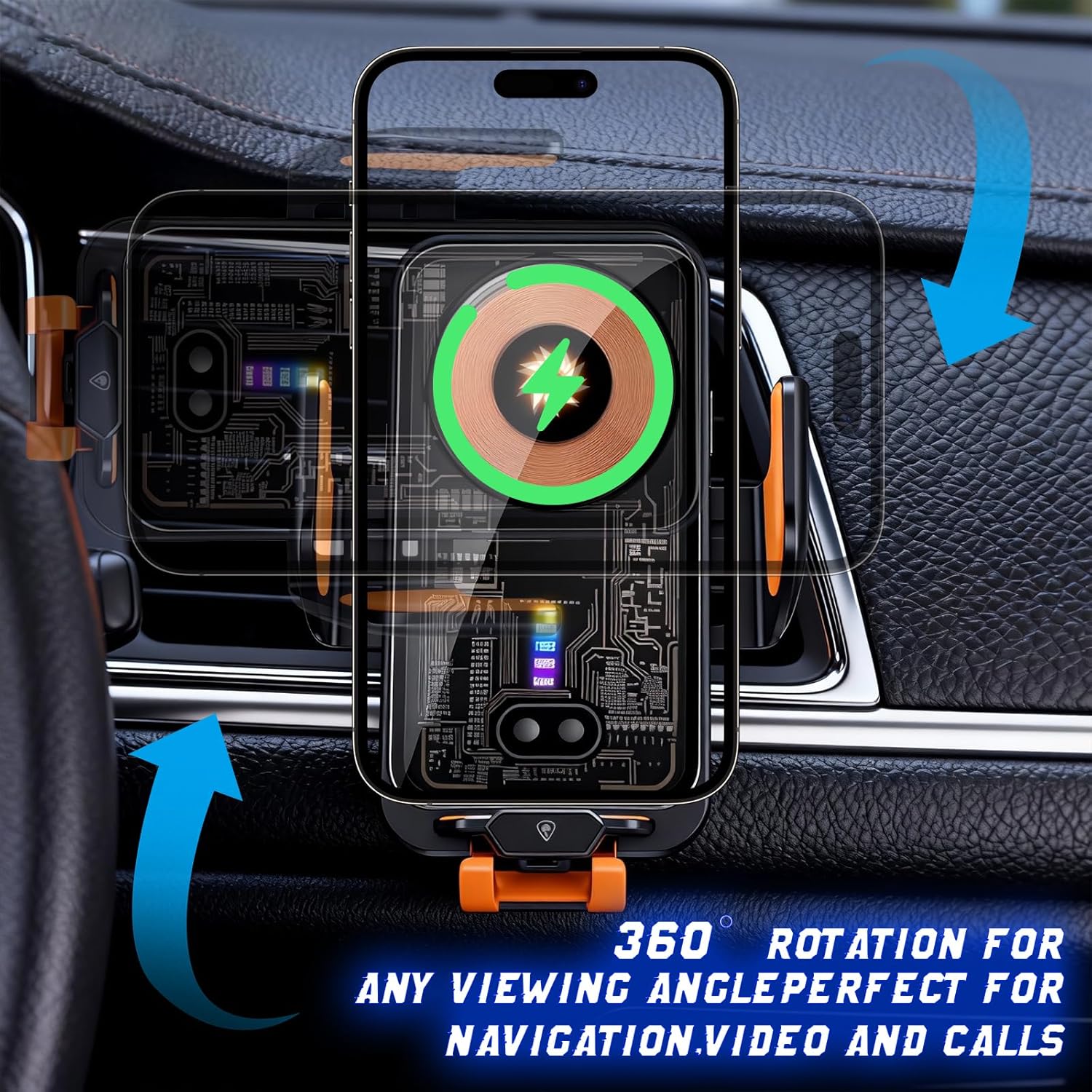 Fast Wireless Car Charger Wireless Charging Phone Mount for Car Magnetic Navigation Car Phone Holder Automatic Smart Sensor Clamping Rotating with Charger Station Fast Wireless Charger Max 120W(Black) - Image 6