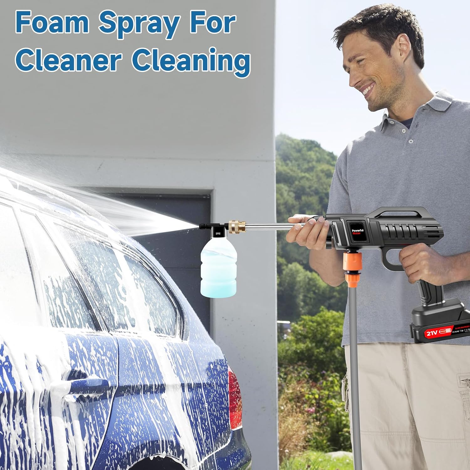 Portable Cordless Pressure Washer, 60Bar/870PSI 21V Rechargeable Battery Powered Pressure Washer, Electric Pressure washers Handheld High Pressure Car Washer Gun with 2 Nozzles, 2 Battery, 5m Hose - Image 5
