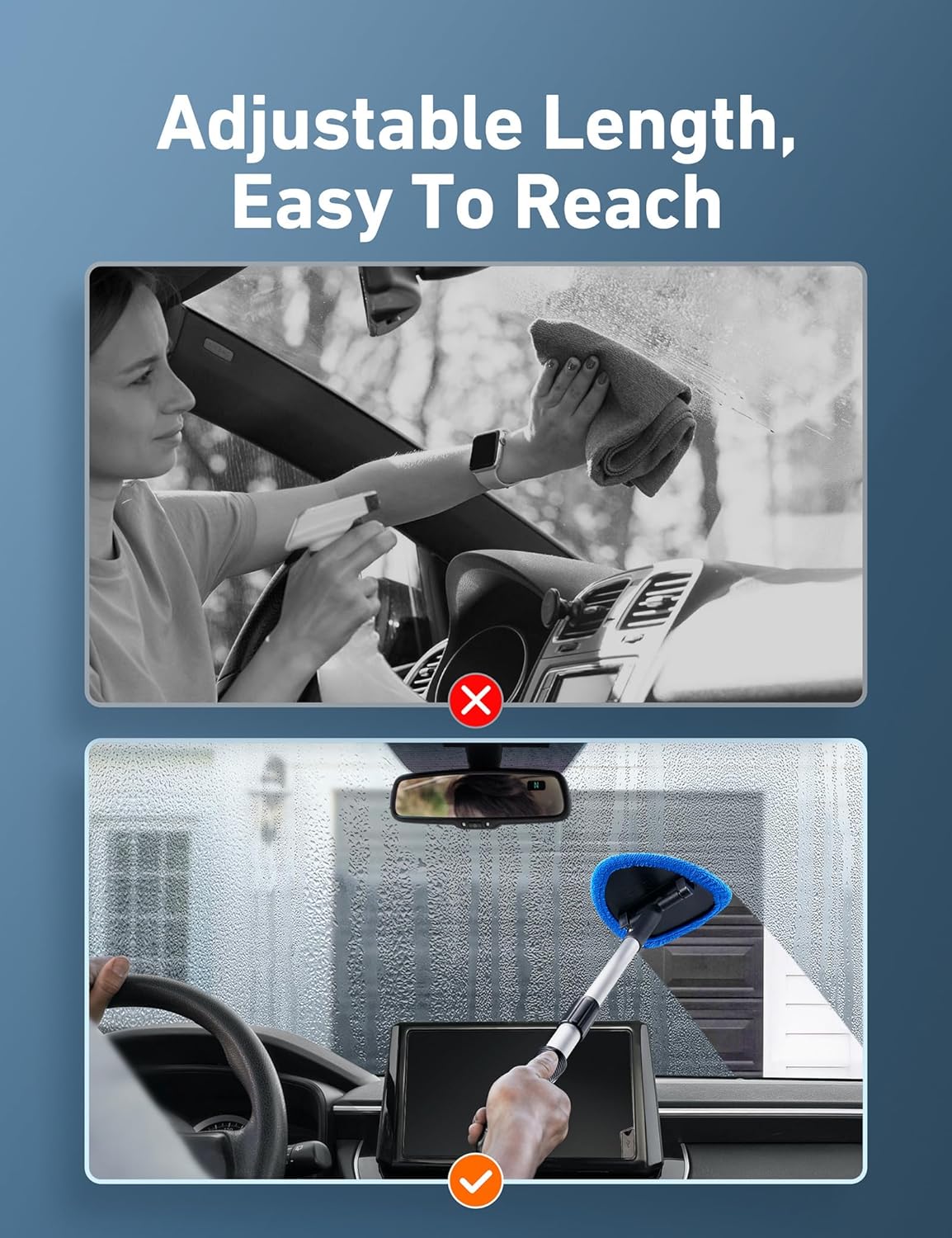 AstroAI Windshield Cleaner Tool, Car Interior Detailing Cleaning Kit with Extendable Handle and 4 Upgraded High-Density Reusable Microfiber Pads, Auto Glass Wiper Brush Kit for Cars, Blue, 15.9in-21in - Image 3