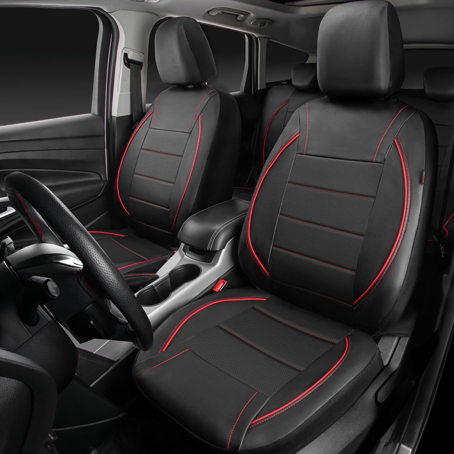 CAR PASS Universal FIT Piping Leather Two Front Seat Covers, Waterproof Faux Leather for SUV Sedan Van Truck, Airbag Compatible,Reserved Opening Holes for Headrest Covers. (Black red) - Image 3