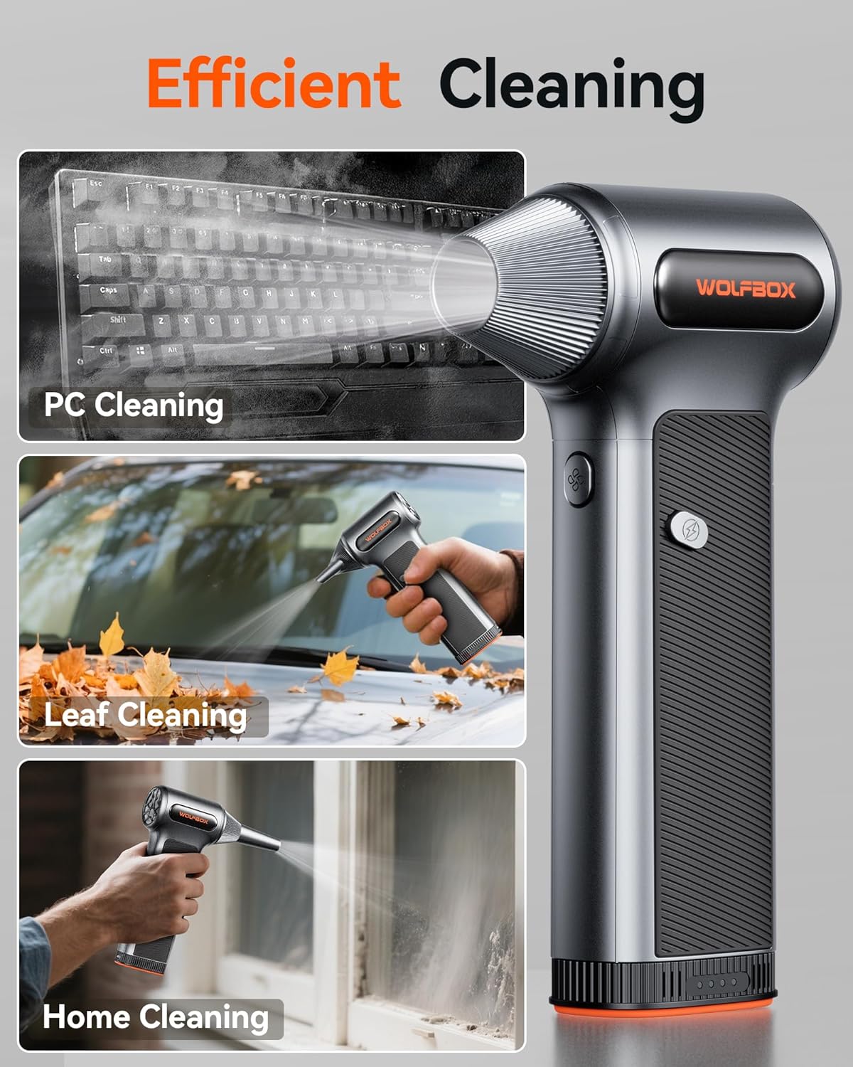 WOLFBOX MF200 Compressed Air Duster with Removable Battery & 4 Nozzles, Cordless 3-Speed Adjustable Mini Blower for Computer Keyboard, Car Cleaning, Home, and Outdoor Use - Image 5