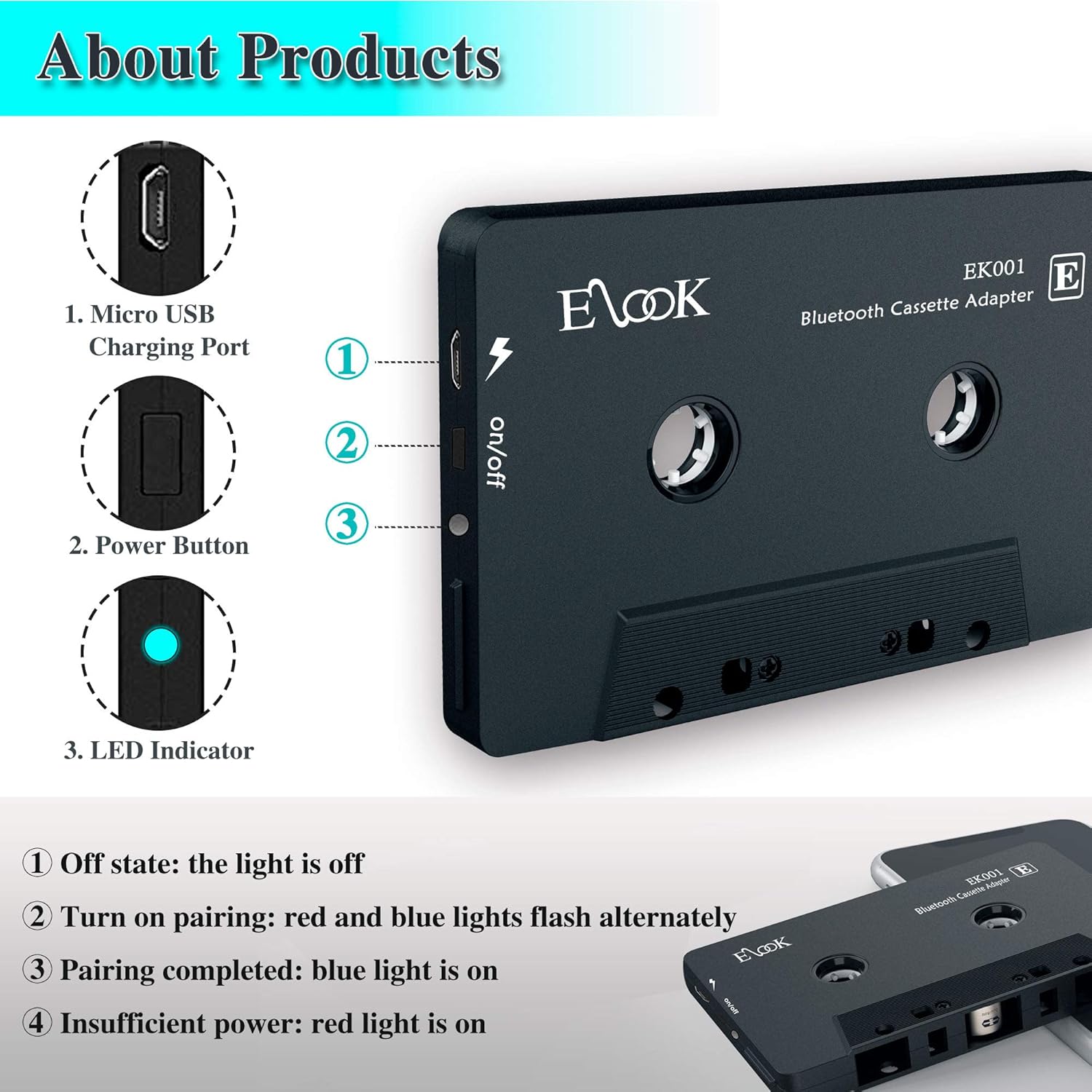 Elook Car Audio Receiver, Bluetooth Cassette Receiver Tape Aux Adapter Player with Bluetooth 5.0 - Image 5