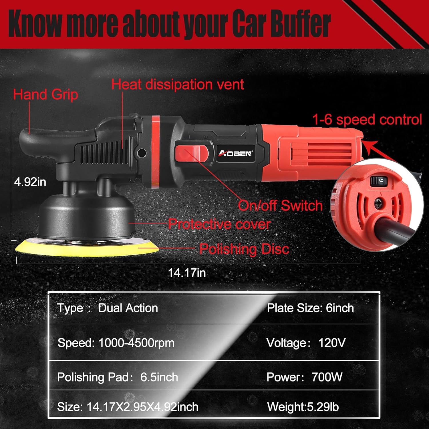 AOBEN Car Buffer Polisher,6 inch Dual Action Polisher,Random Buffer Polisher kit with 6 Variable Speed 1000-4500rpm,Detachable Handle,4 Buffing Pads for Car detailing Polishing and Waxing - Image 2