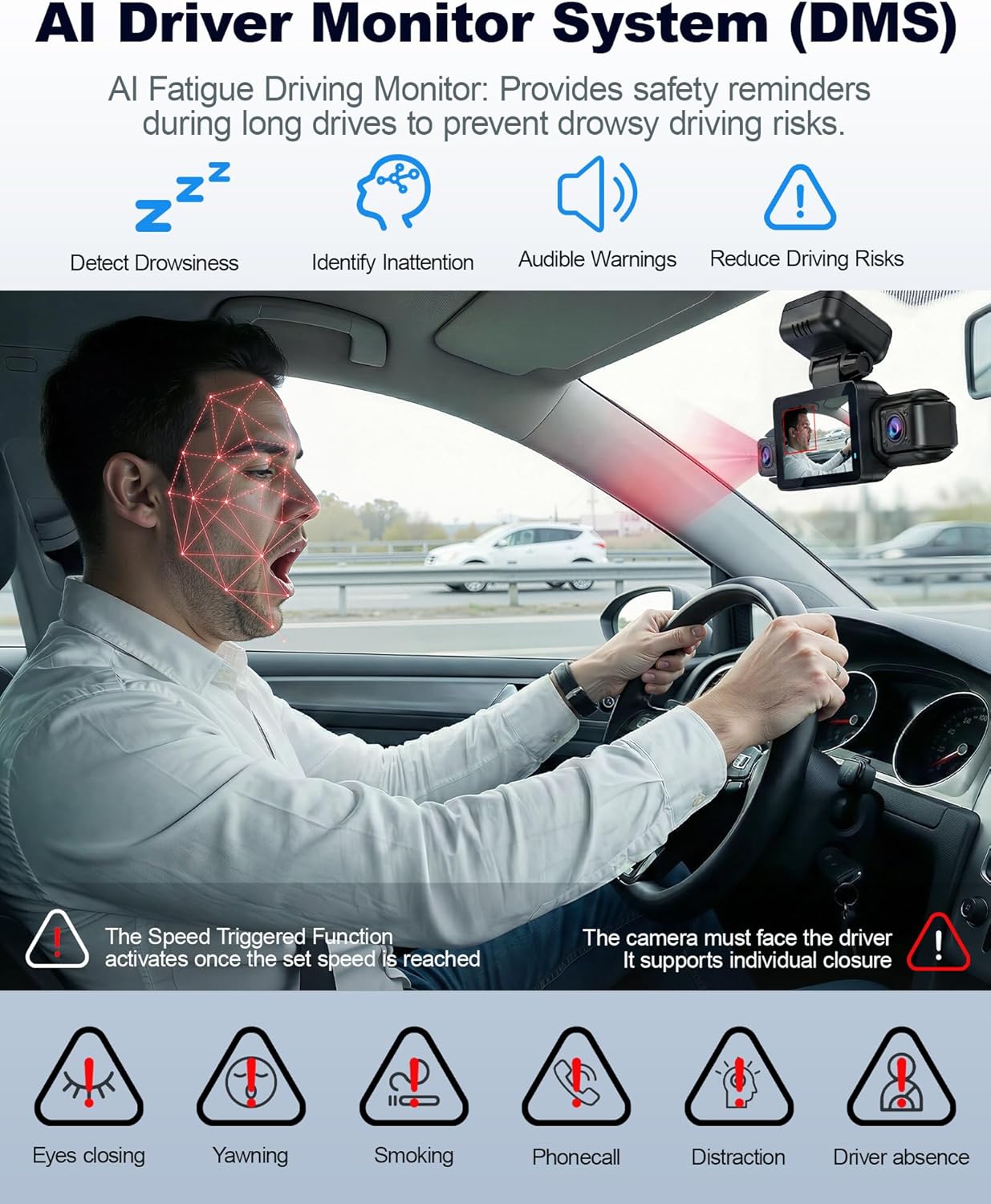 N300Pro 4K 4 Channel Dash Cam Front and Rear, STARVIS 2 Sensor, 3" Touch Screen, 5.8GHz WiFi GPS, 360° Car Dash Camera, AI Driver Monitor System, Free 64GB Card, WDR Night Vision HDR, 24H Parking Mode - Image 7