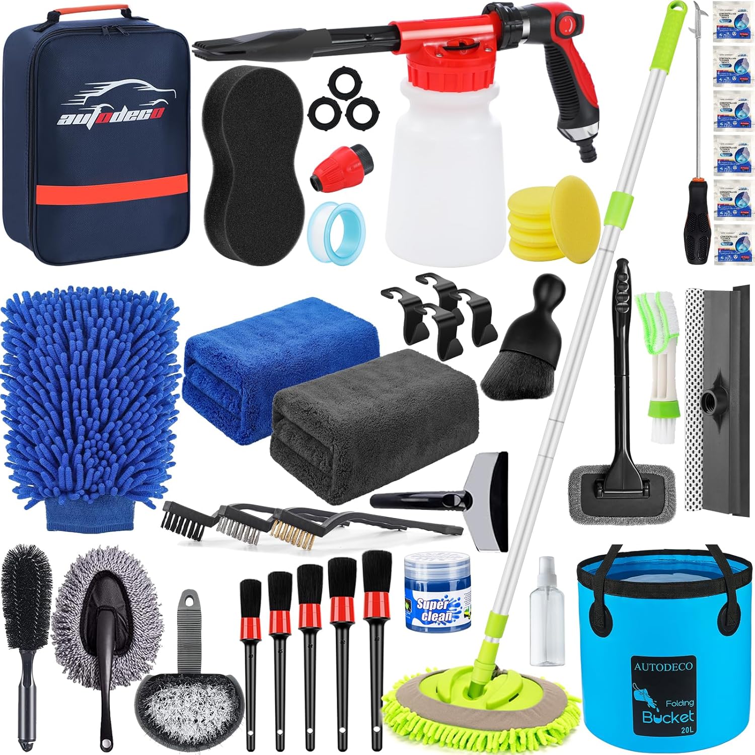AUTODECO 42Pcs Car Wash Detailing Kit Cleaning Set with Foam Gun Sprayer, Long-Handle Brush, Collapsible Bucket, Large Wash Mitt, Towels, Complete Interior & Exterior Car Washing Supply Set (Blue) - Image 9