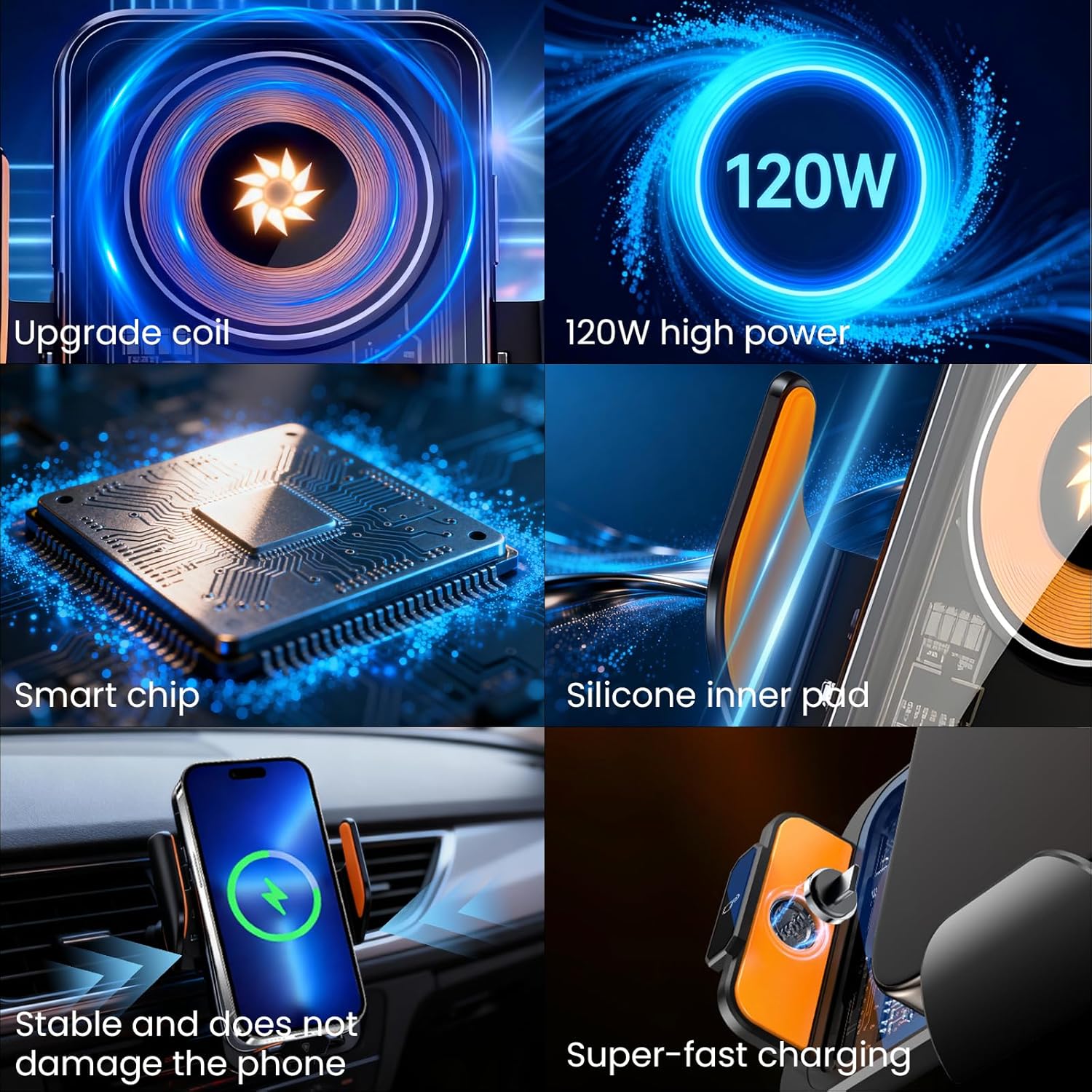 Fast Wireless Car Charger Wireless Charging Phone Mount for Car Magnetic Navigation Car Phone Holder Automatic Smart Sensor Clamping Rotating with Charger Station Fast Wireless Charger Max 120W(Black) - Image 2