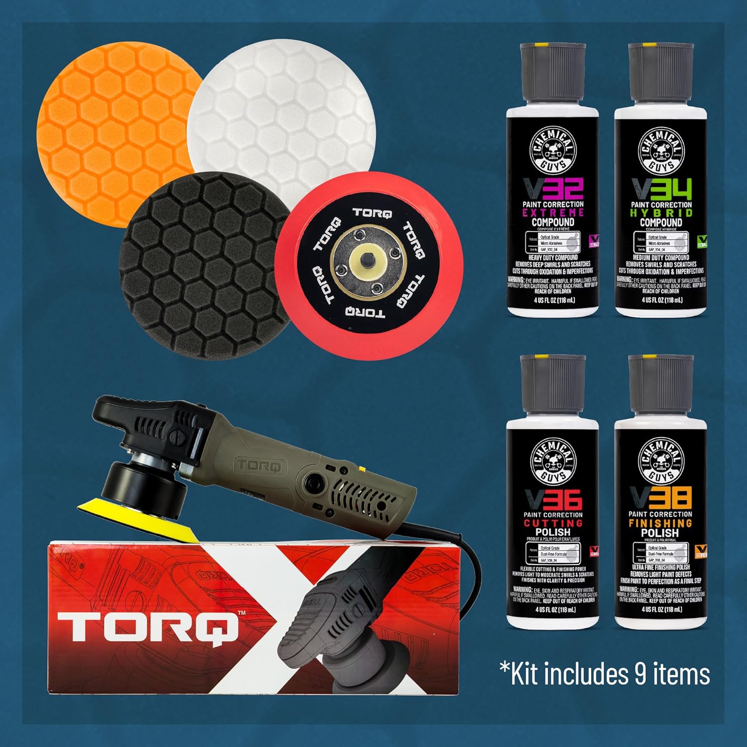 Chemical Guys TORQX Random Orbital Polisher, Pads, Polishes, and Compounds Kit - Car Polishing Kit Safe for Trucks, SUVs, Motorcycles, and More, 700W Motor, 8mm Orbit, 9-Piece Set - Image 2