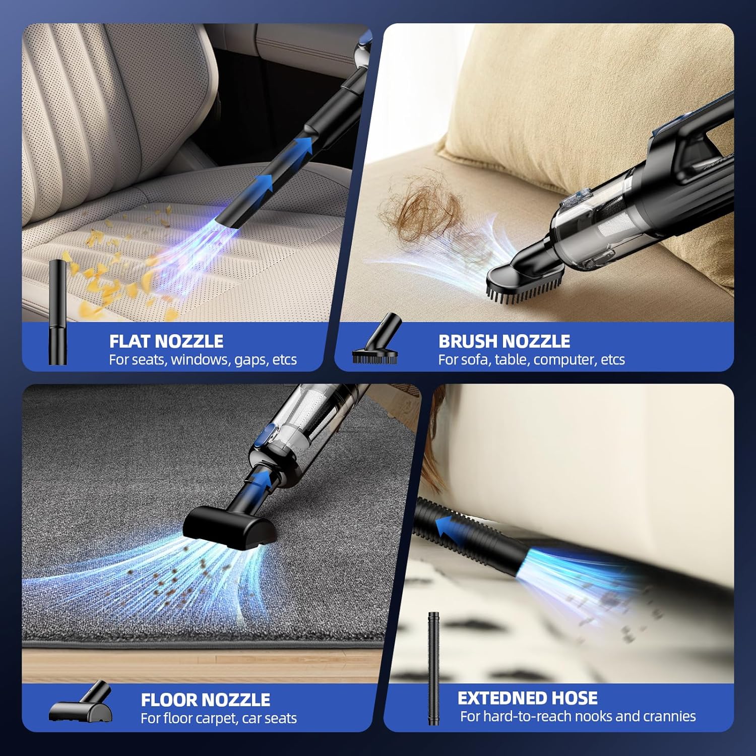 MONOZEL Car Vacuum Portable Cordless, 18000Pa 2 in 1 Vacuum Cleaner&Air Duster, 130W Brushless Motor Handheld Vacuum Cordless with 7800mAh Battery, LED Light, Multi-Nozzles for Car, Home, Office, Pet - Image 4