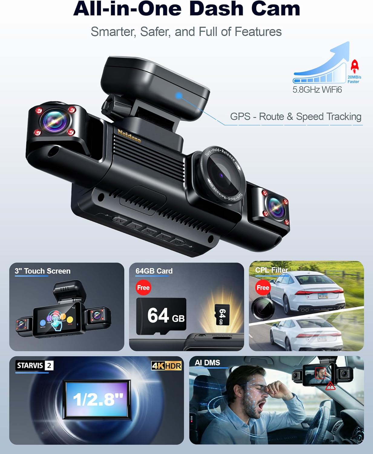 N300Pro 4K 4 Channel Dash Cam Front and Rear, STARVIS 2 Sensor, 3" Touch Screen, 5.8GHz WiFi GPS, 360° Car Dash Camera, AI Driver Monitor System, Free 64GB Card, WDR Night Vision HDR, 24H Parking Mode - Image 3