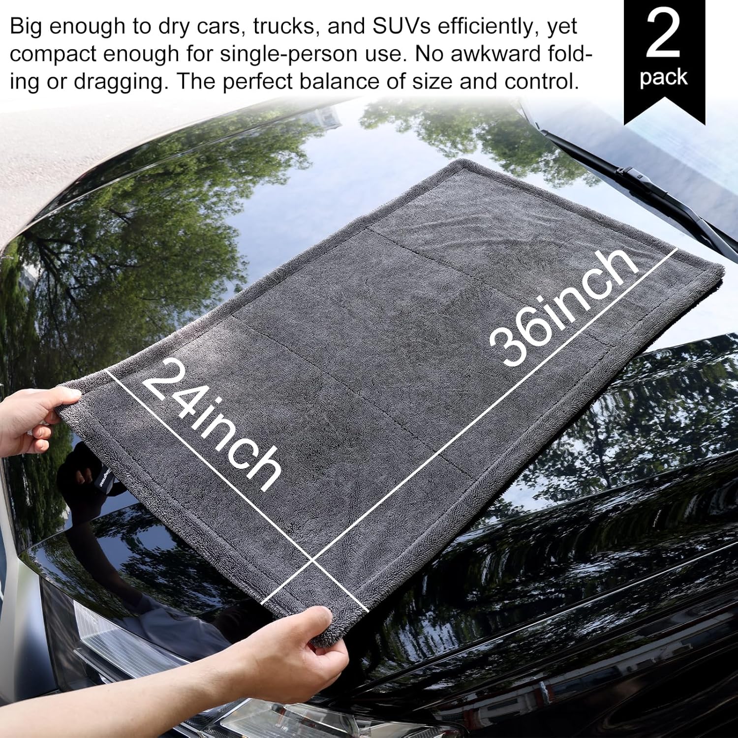 2 Pack XL Car Drying Towel – 1300GSM Ultra Absorbent Microfiber, 24"x36" Large Size, Twisted Loop, Lint-Free & Streak-Free for Auto Detailing, Car, SUV, Truck (Gray-Gray) - Image 2