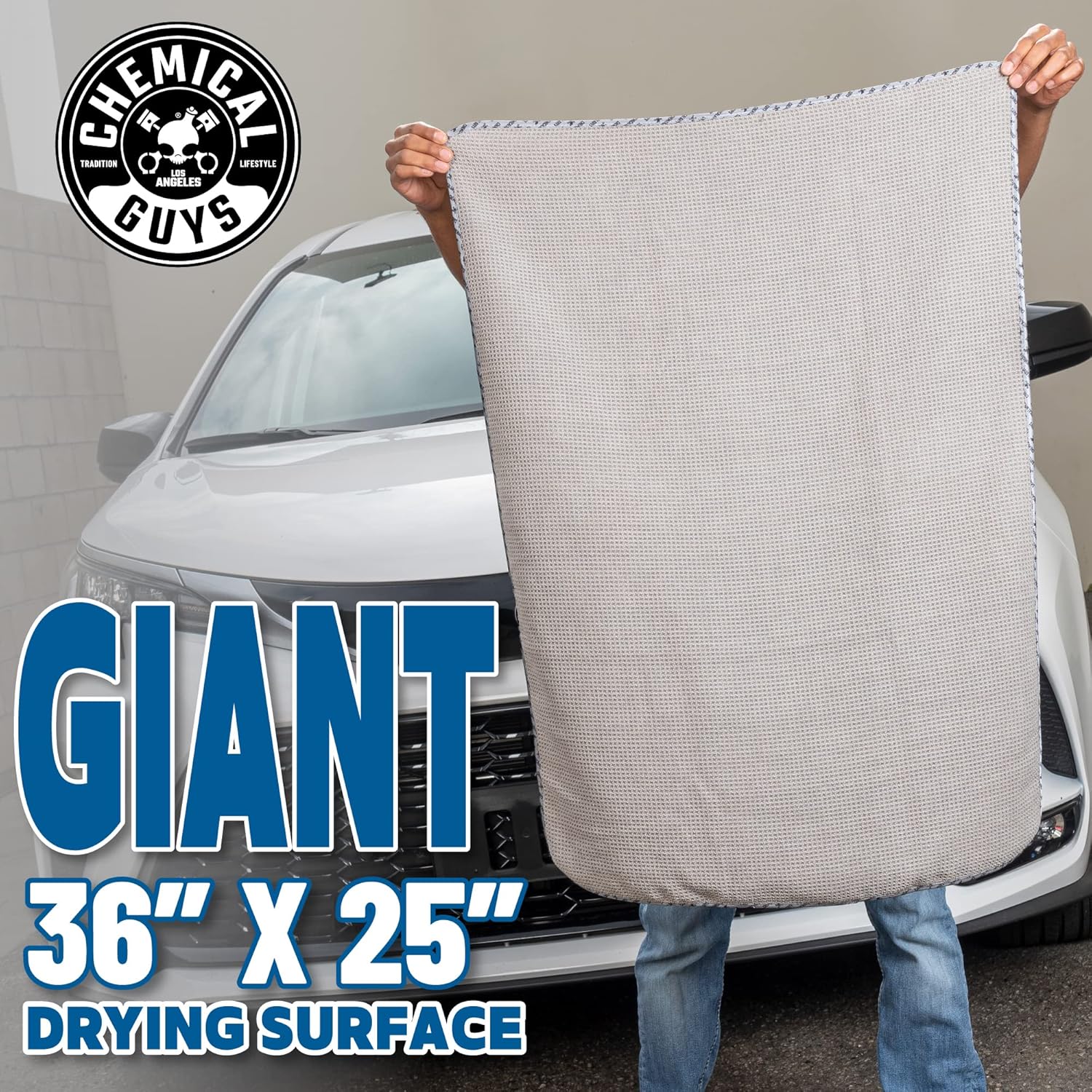 Chemical Guys Waffle Weave Gray Matter Microfiber Drying Towel - 25" x 36", Premium Blend Microfiber Towel with Soft-Banded Edging for Scratch-Free Car Drying, Ultra Absorbent - Image 2